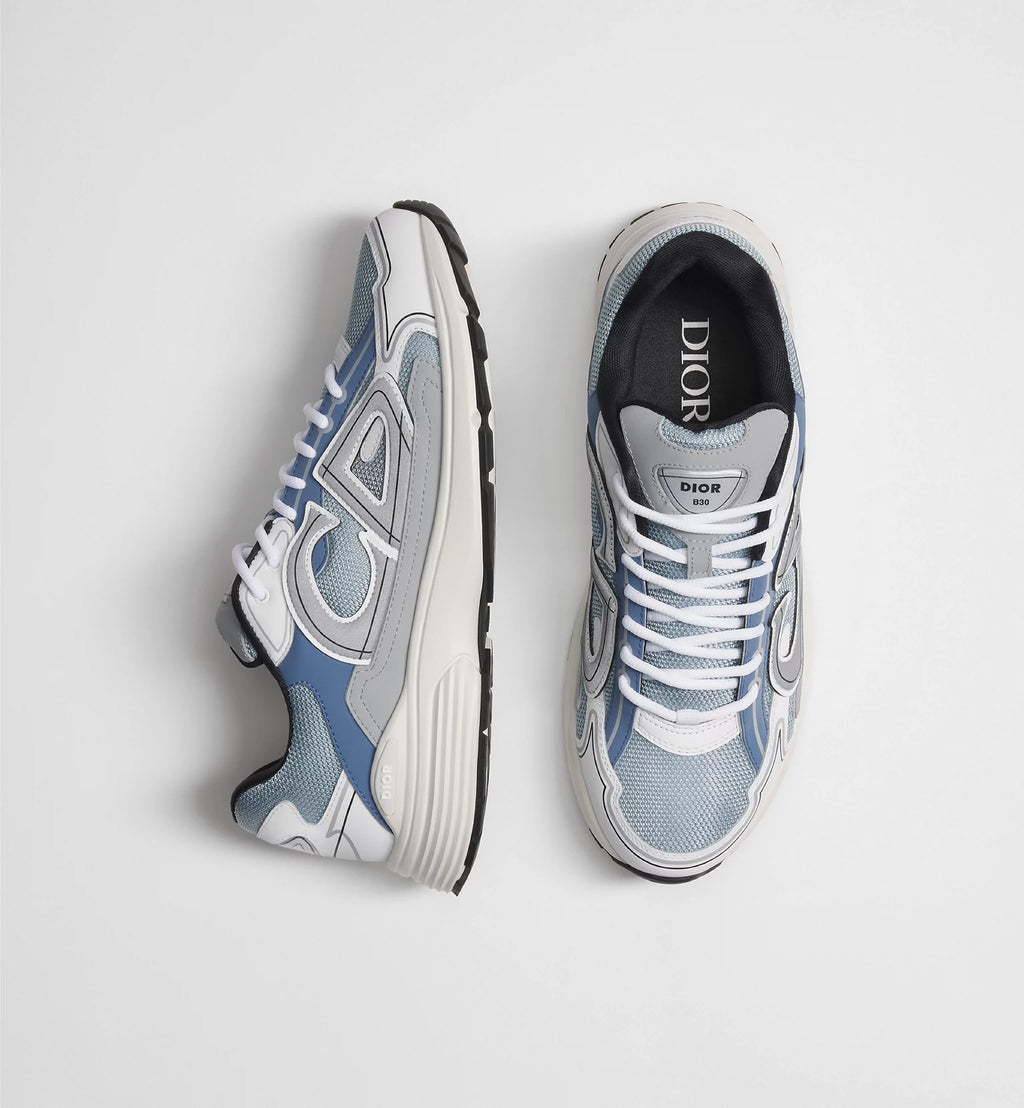 Pair of Dior B30 countdown sneakers, light blue and white mesh with white laces.