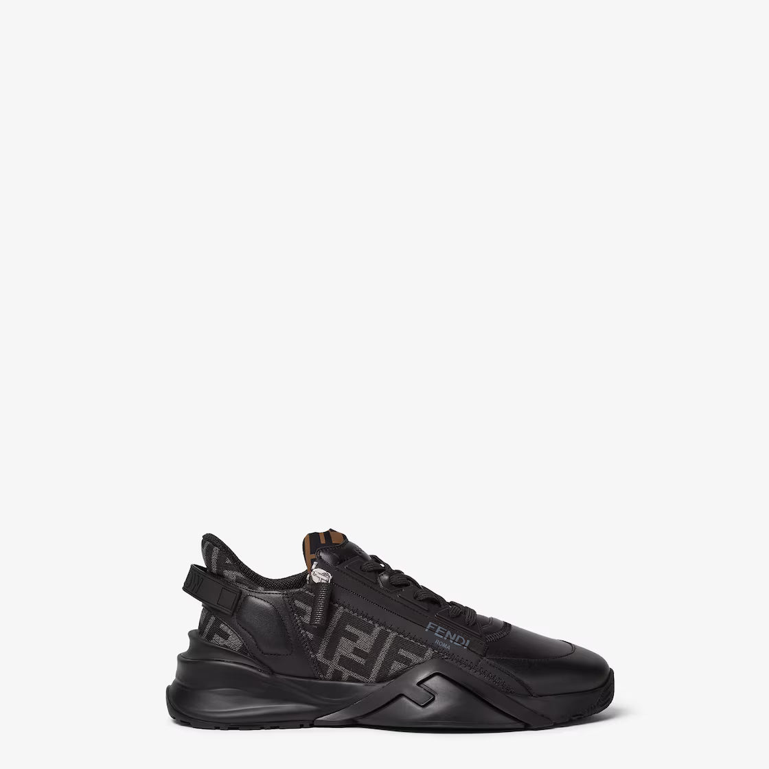 Side view of black Fendi Flow sneakers with FF logo detail and lace-up design