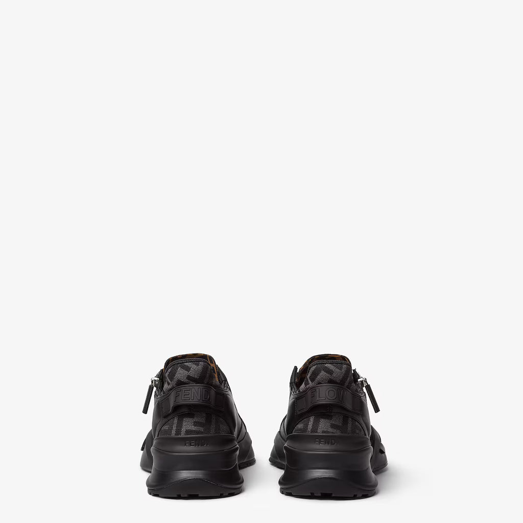 Lace-up sneakers back view, black upper with FF logo details, chunky rubber sole