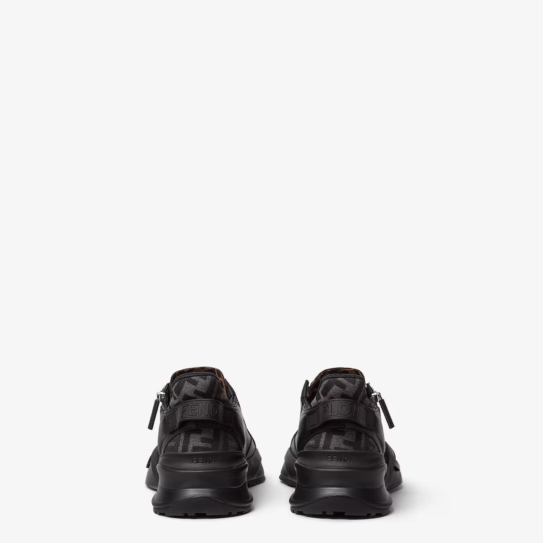 Lace-up sneakers back view, black upper with FF logo details, chunky rubber sole