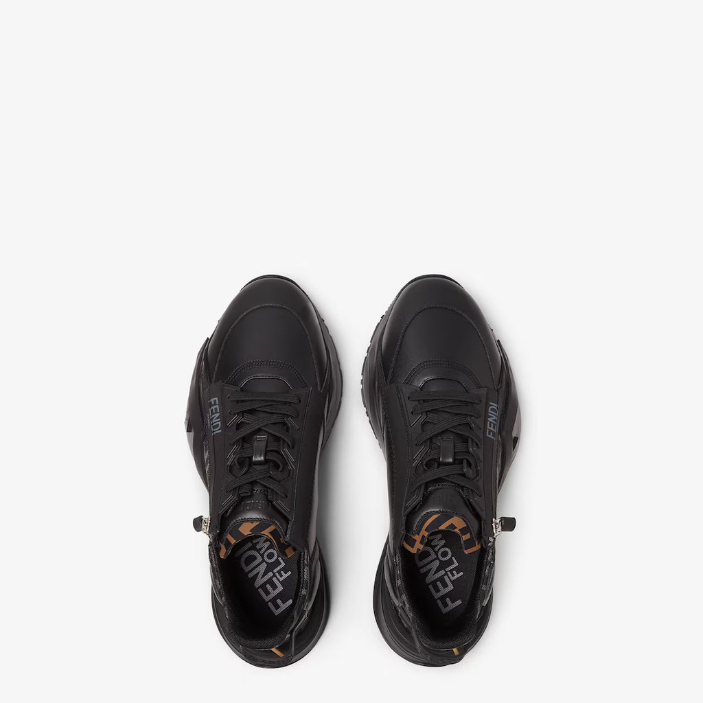 Pair of black lace-up sneakers with FF logo lining, low profile rubber sole