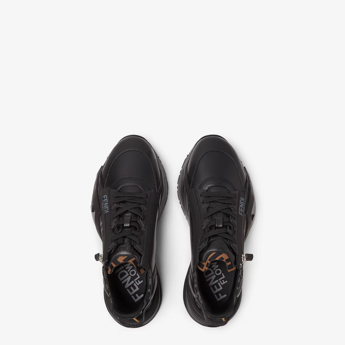 Pair of black lace-up sneakers with FF logo lining, low profile rubber sole