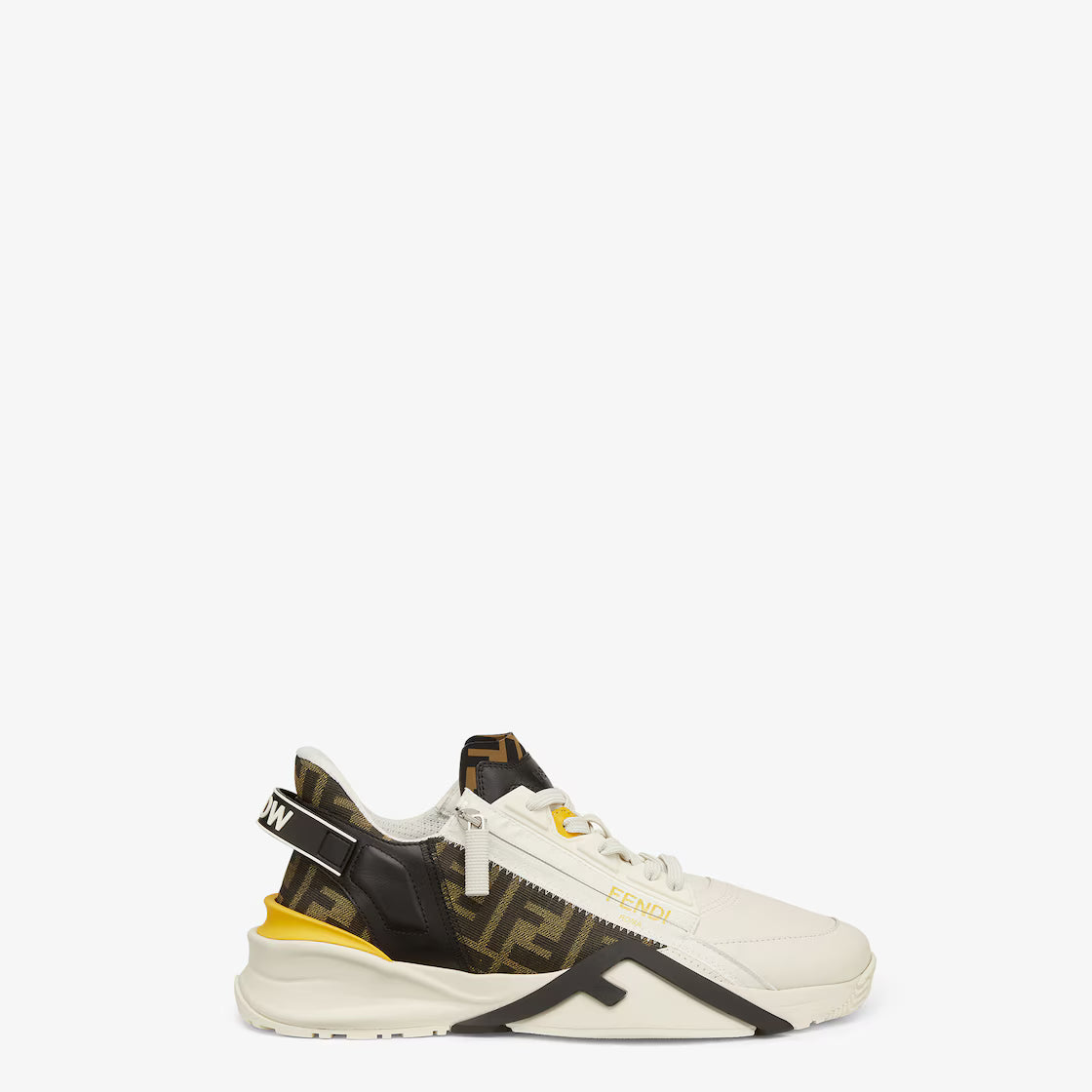 White low-top Fendi Flow trainers with dark logo panel, yellow trim, chunky sole