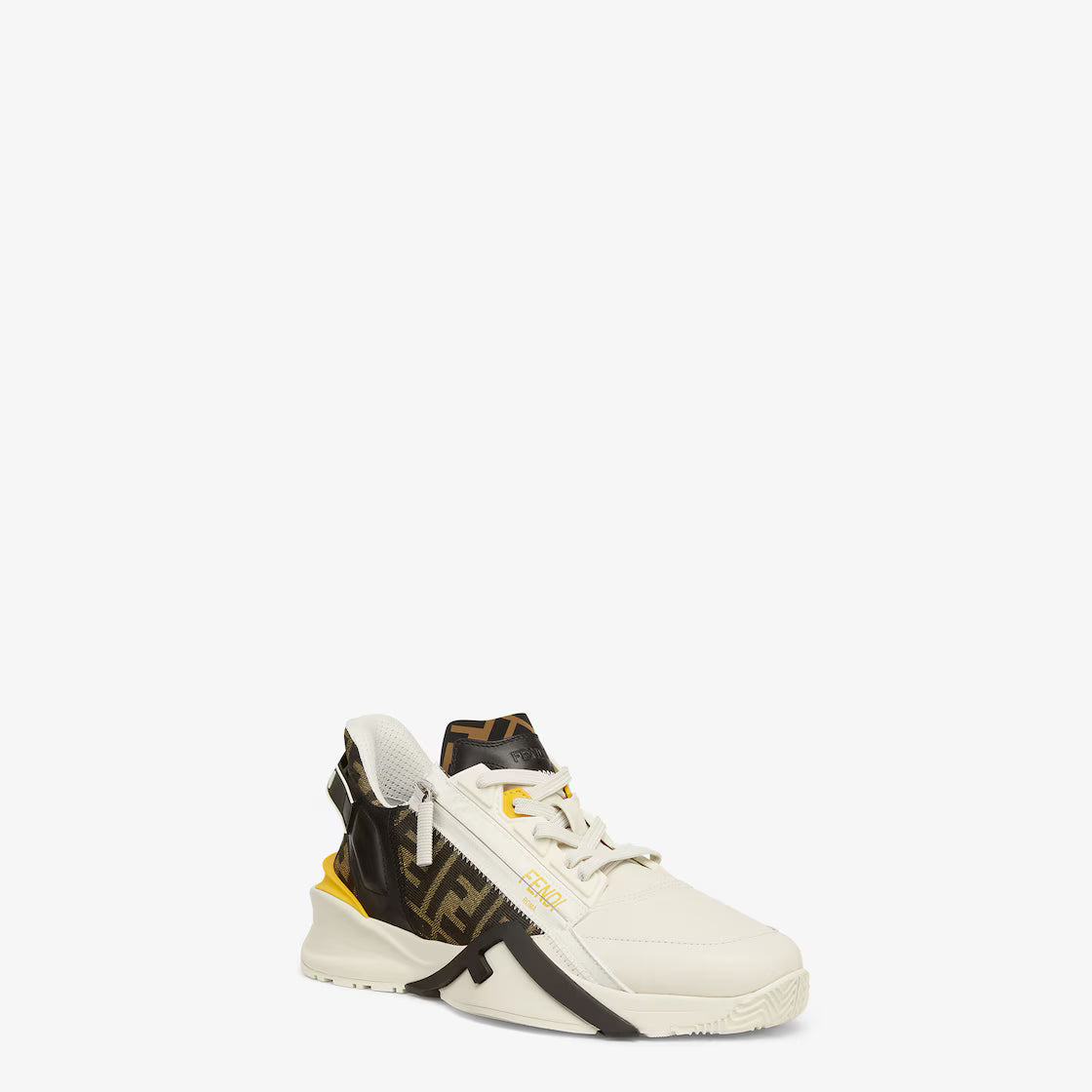 White and black Fendi Flow trainers with yellow accents, side logo strap