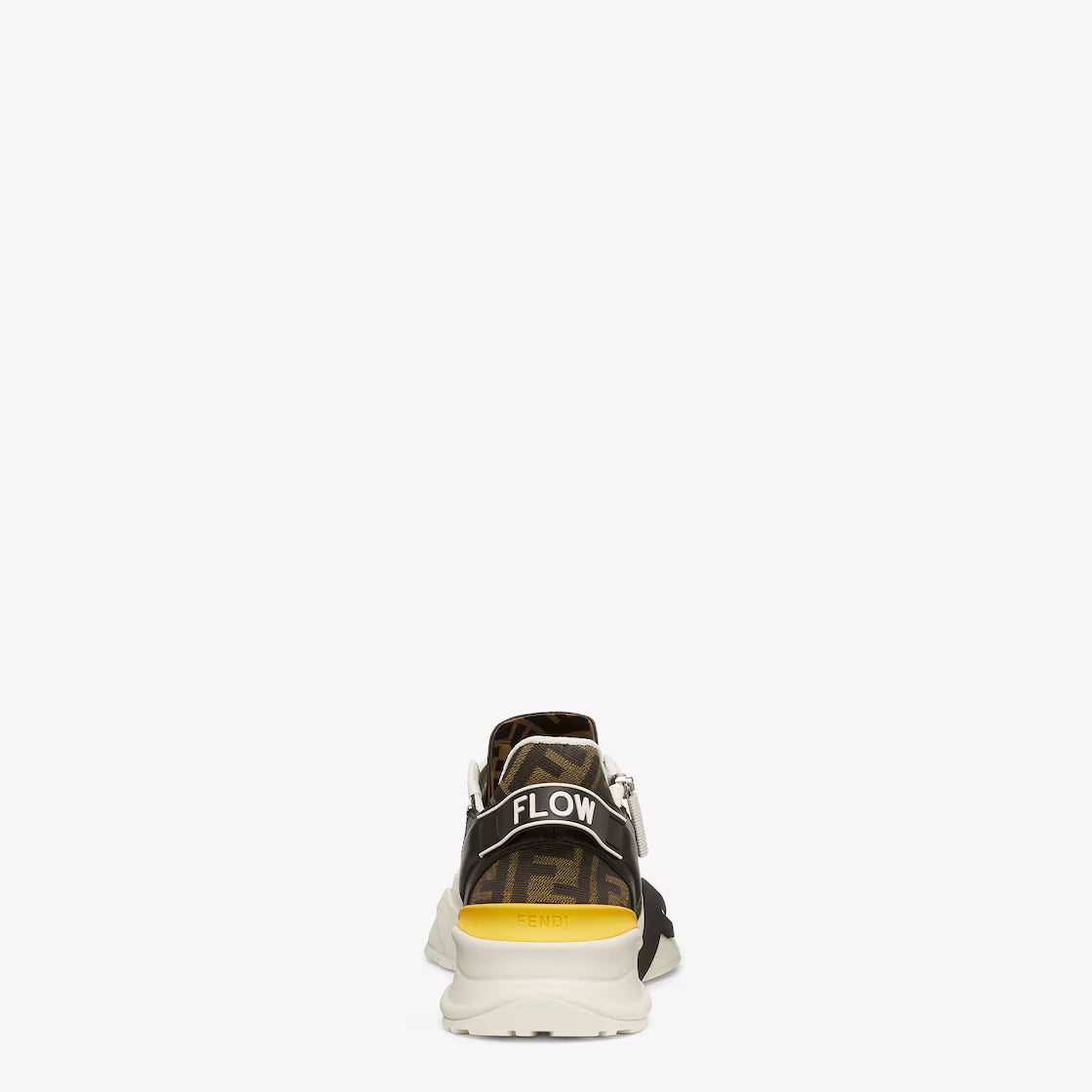 Back view of white and black Fendi Flow trainers with FLOW label on heel