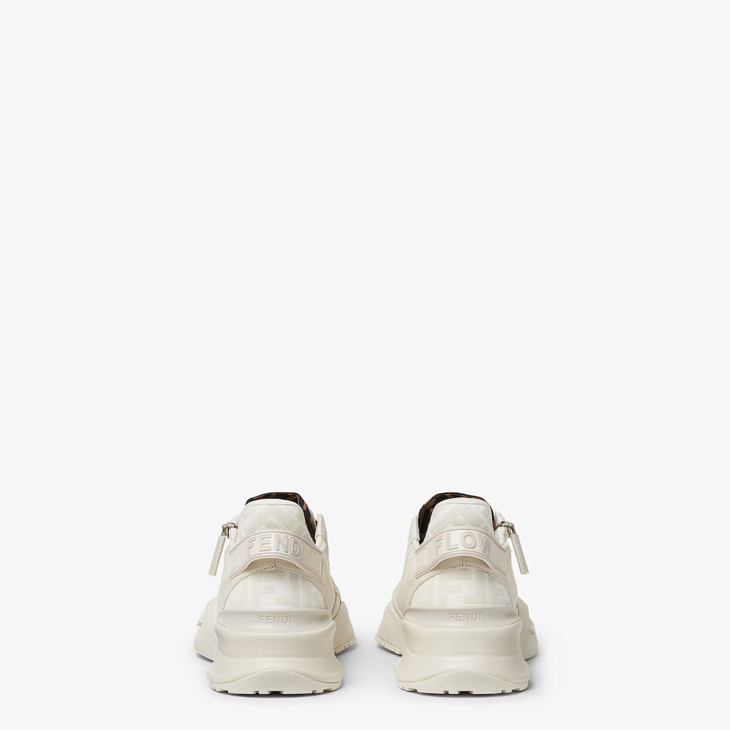 Fendi off-white sneakers, back view with lace tabs, pull tab, and dark heel lining