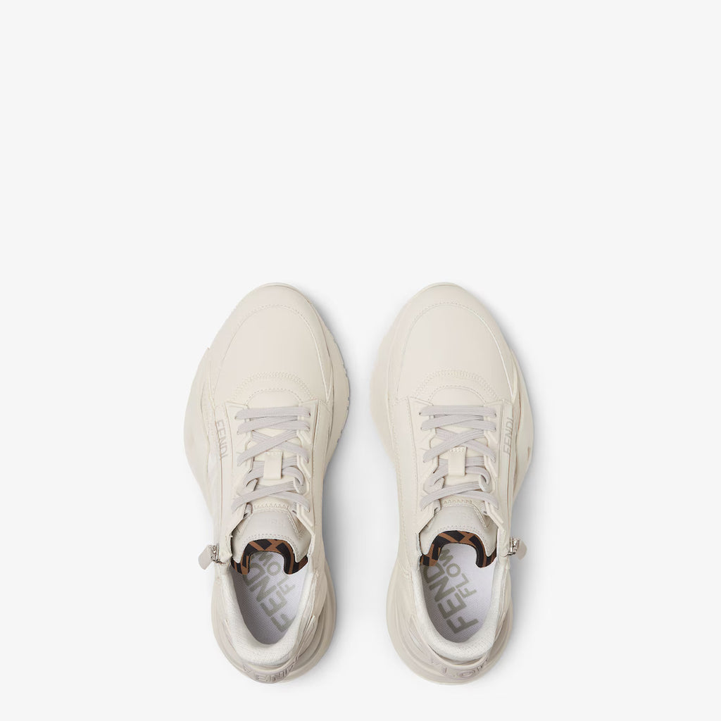Pair of Fendi off-white lace-up sneakers, top view showing tongues and laces