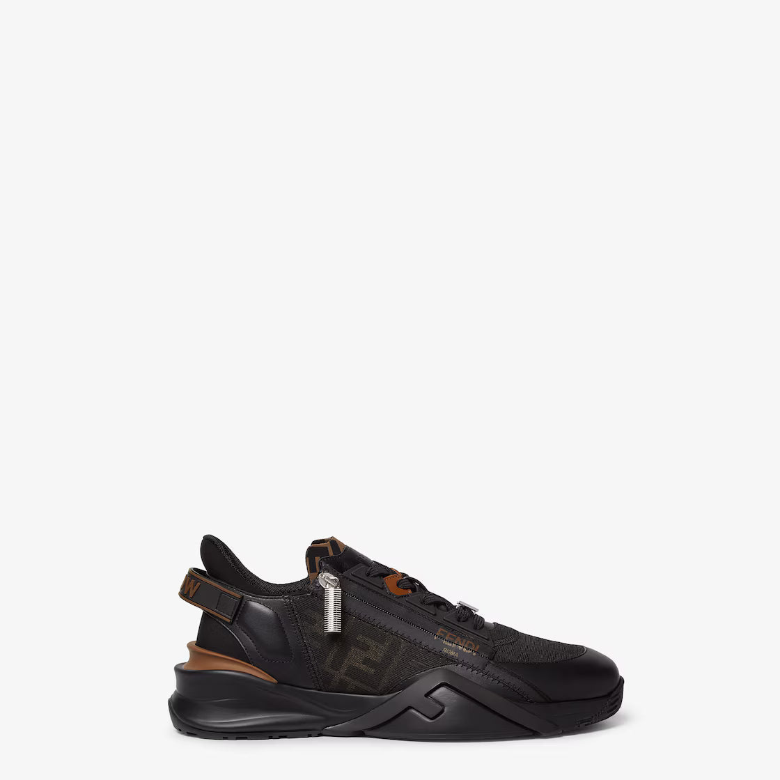 Black lace-up sneakers with chunky sole, FF upper detailing, and orange accents