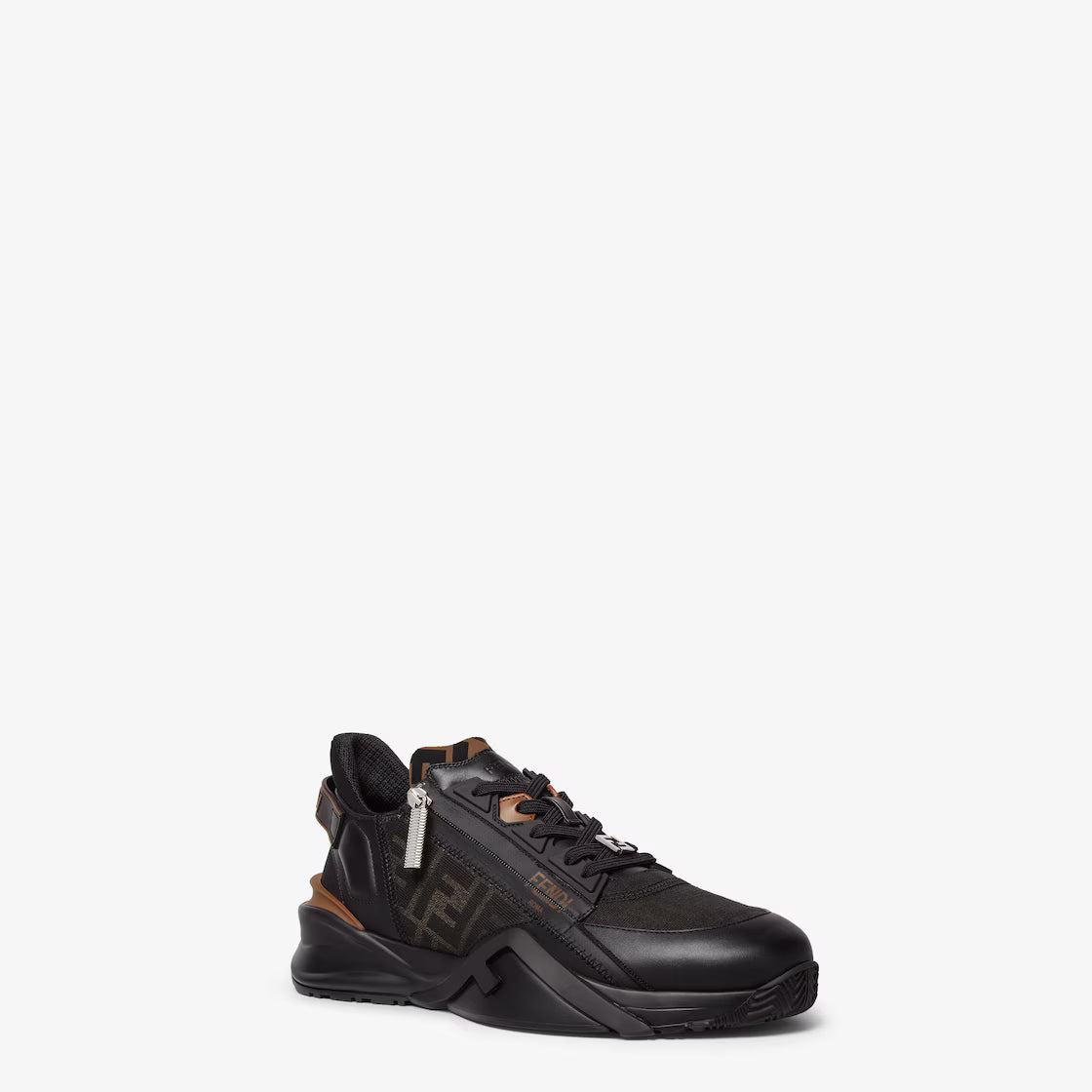 Black lace-up sneakers with FF monogram side panels and orange accents