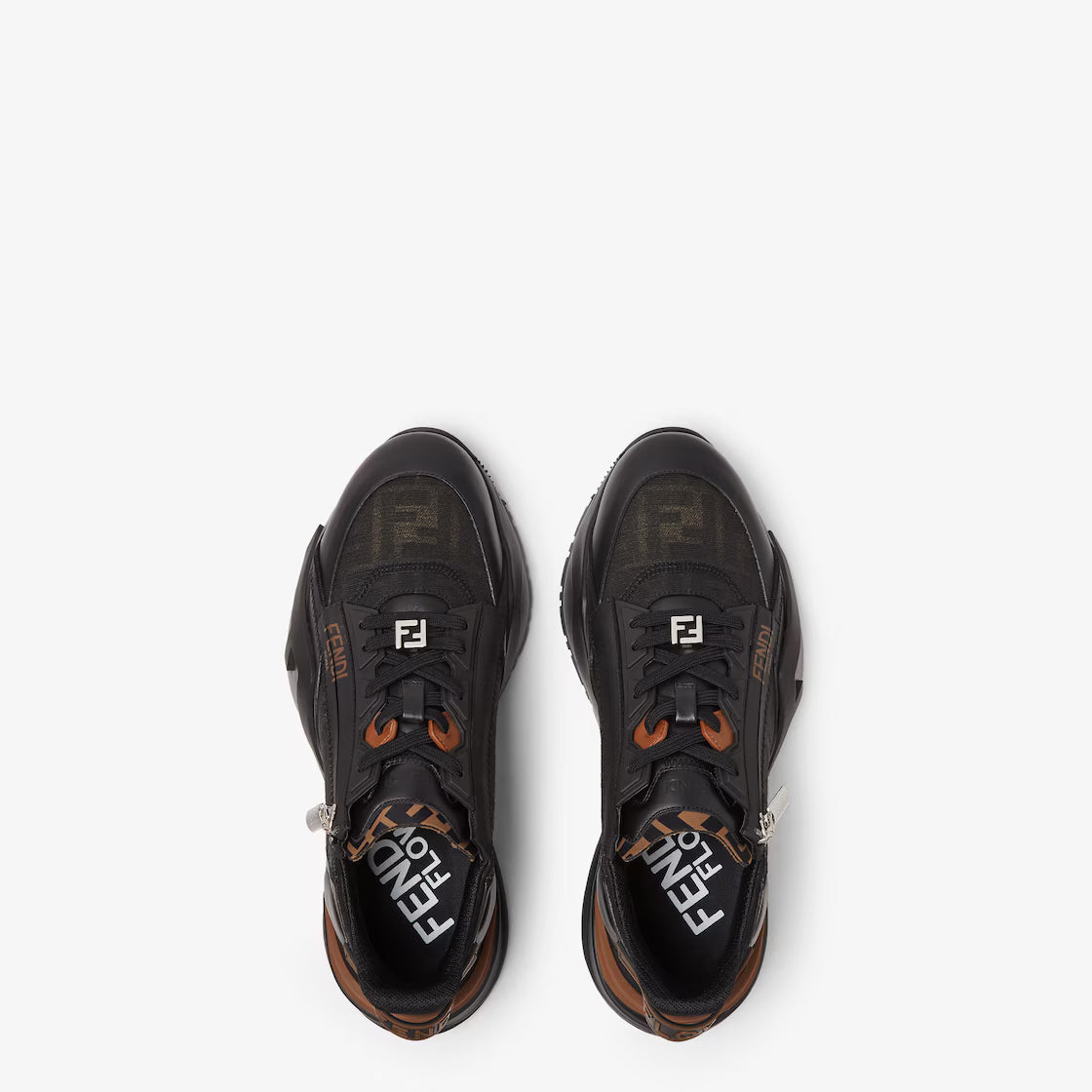 Black sneakers with FENDI Flow insole graphic and orange lace loops