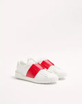 White calfskin open sneaker with red panel, lace-up, low-profile sole.