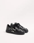 Black low-top leather sneaker with lace-up front and VL7N logo band on side