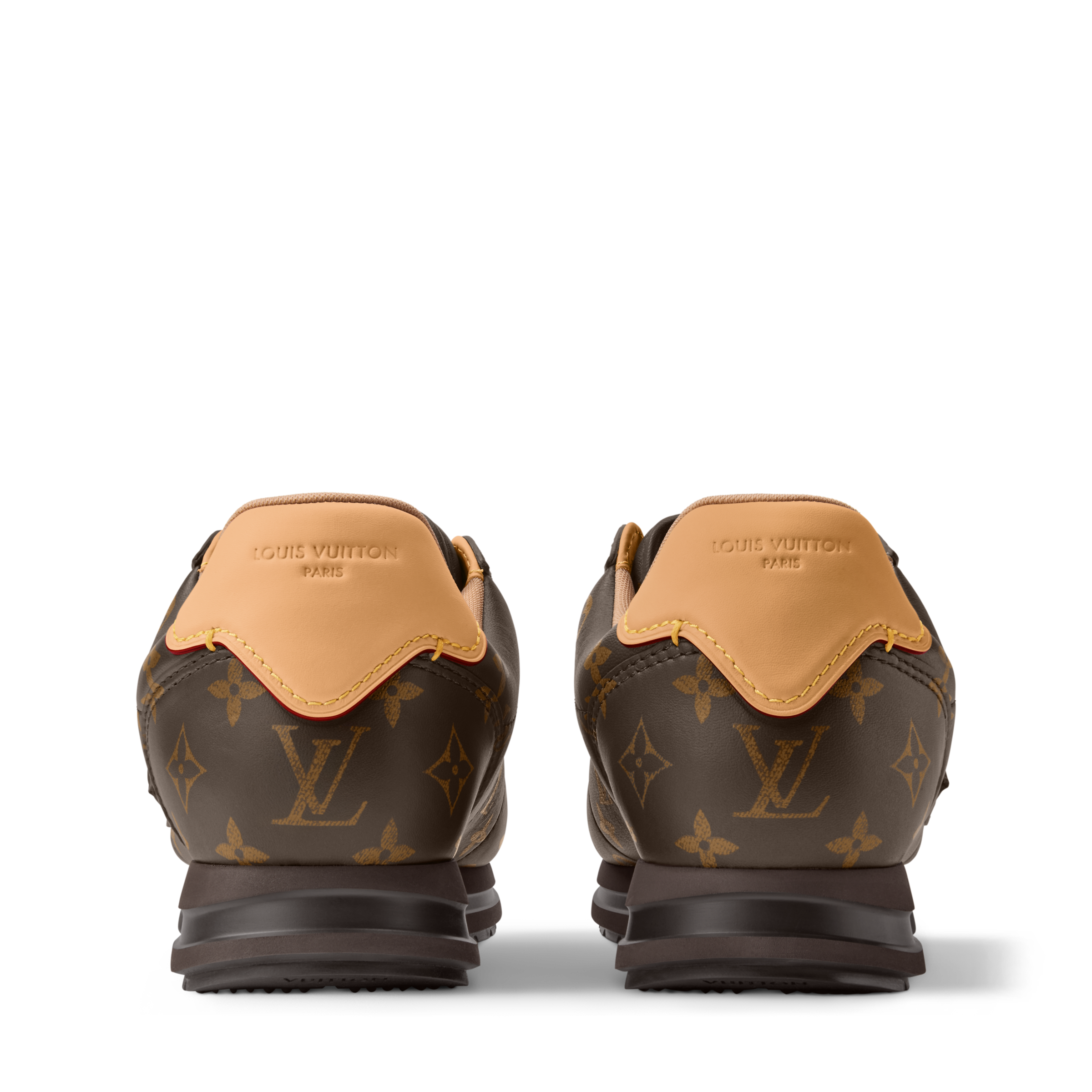LV Buttersoft sneakers heel view, brown monogram upper, tan collars, rubber outsole