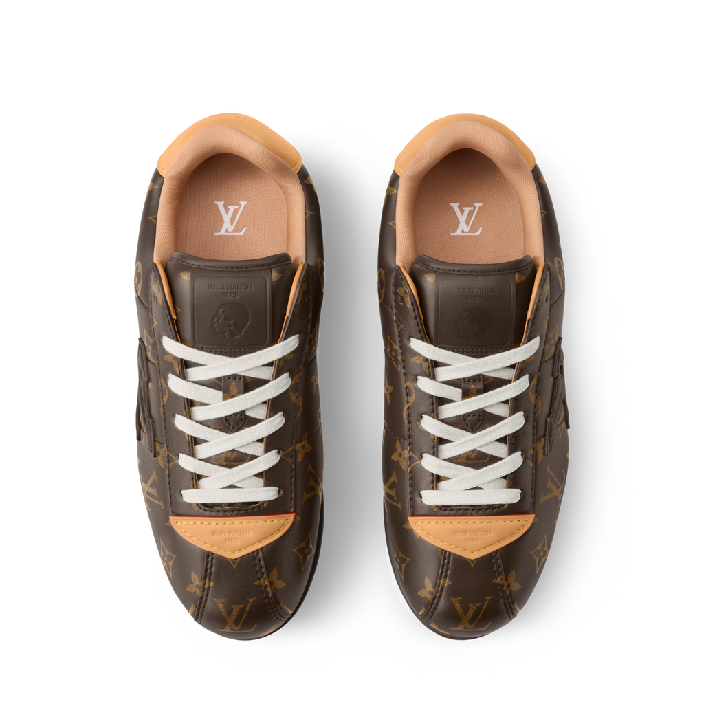 LV Buttersoft sneakers front view, brown monogram, tan trim, white lace-up front