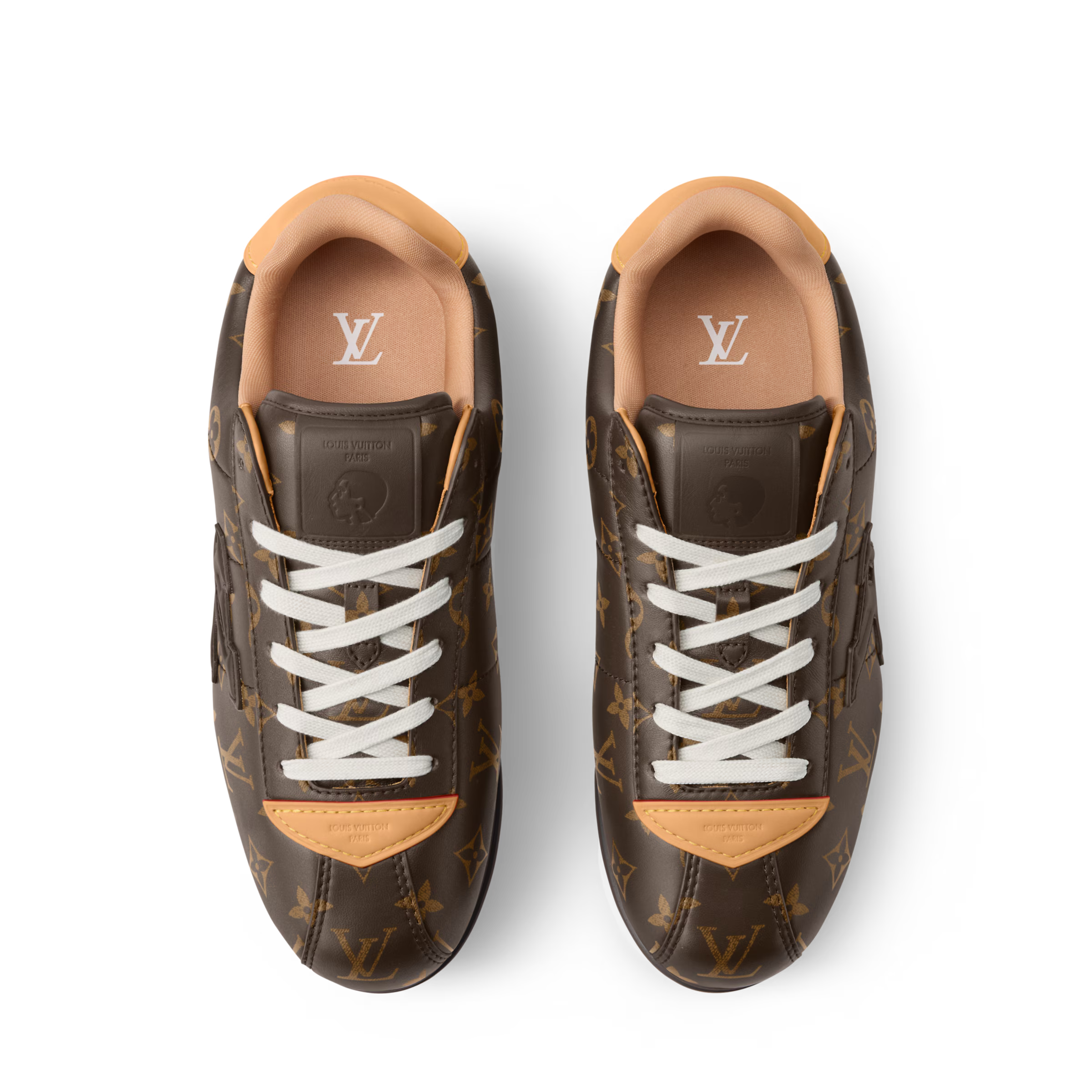 LV Buttersoft sneakers front view, brown monogram, tan trim, white lace-up front