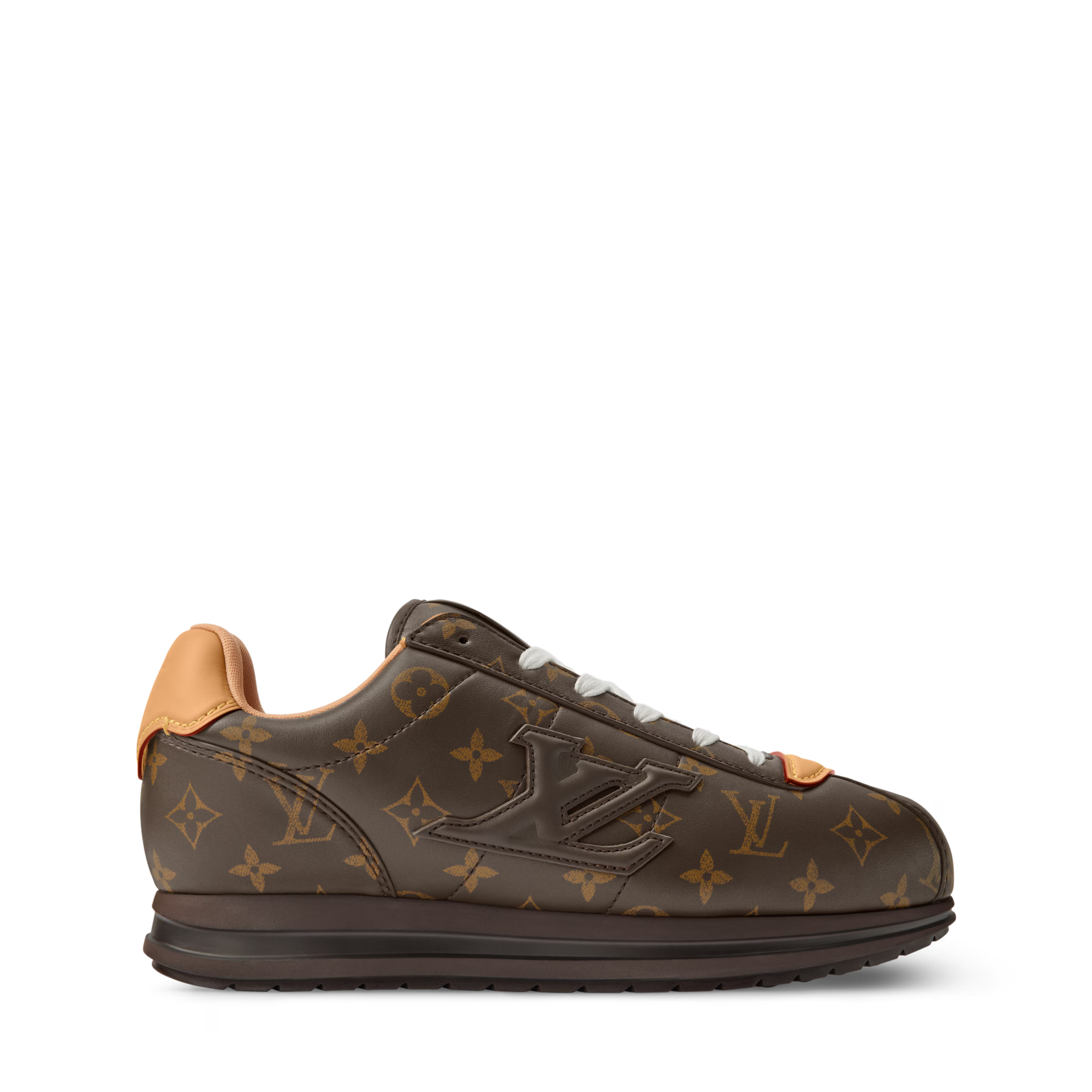 LV Buttersoft low-top sneakers side view, brown monogram leather with patch, white laces