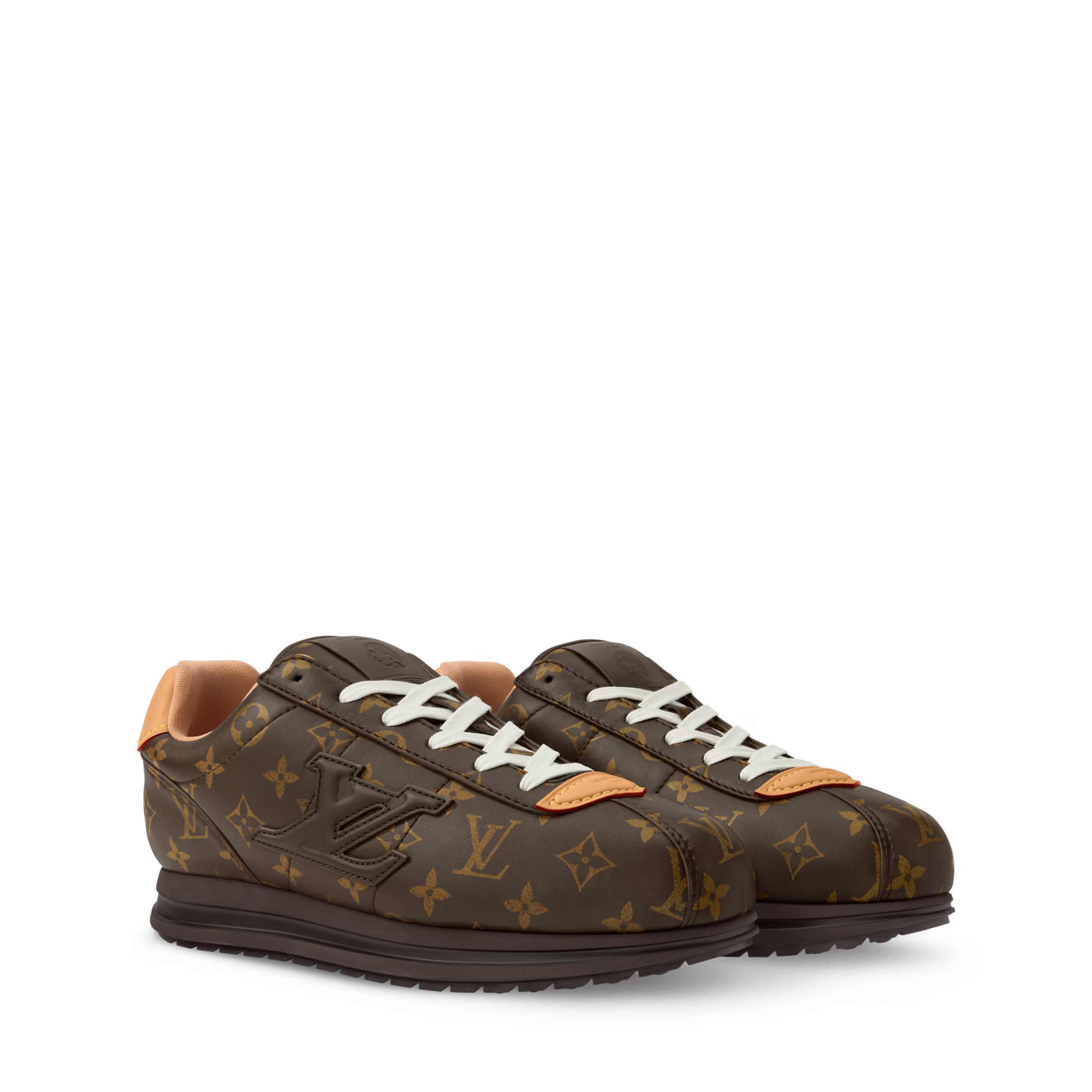 LV Buttersoft low-top sneakers with brown monogram print, white laces, dark rubber sole