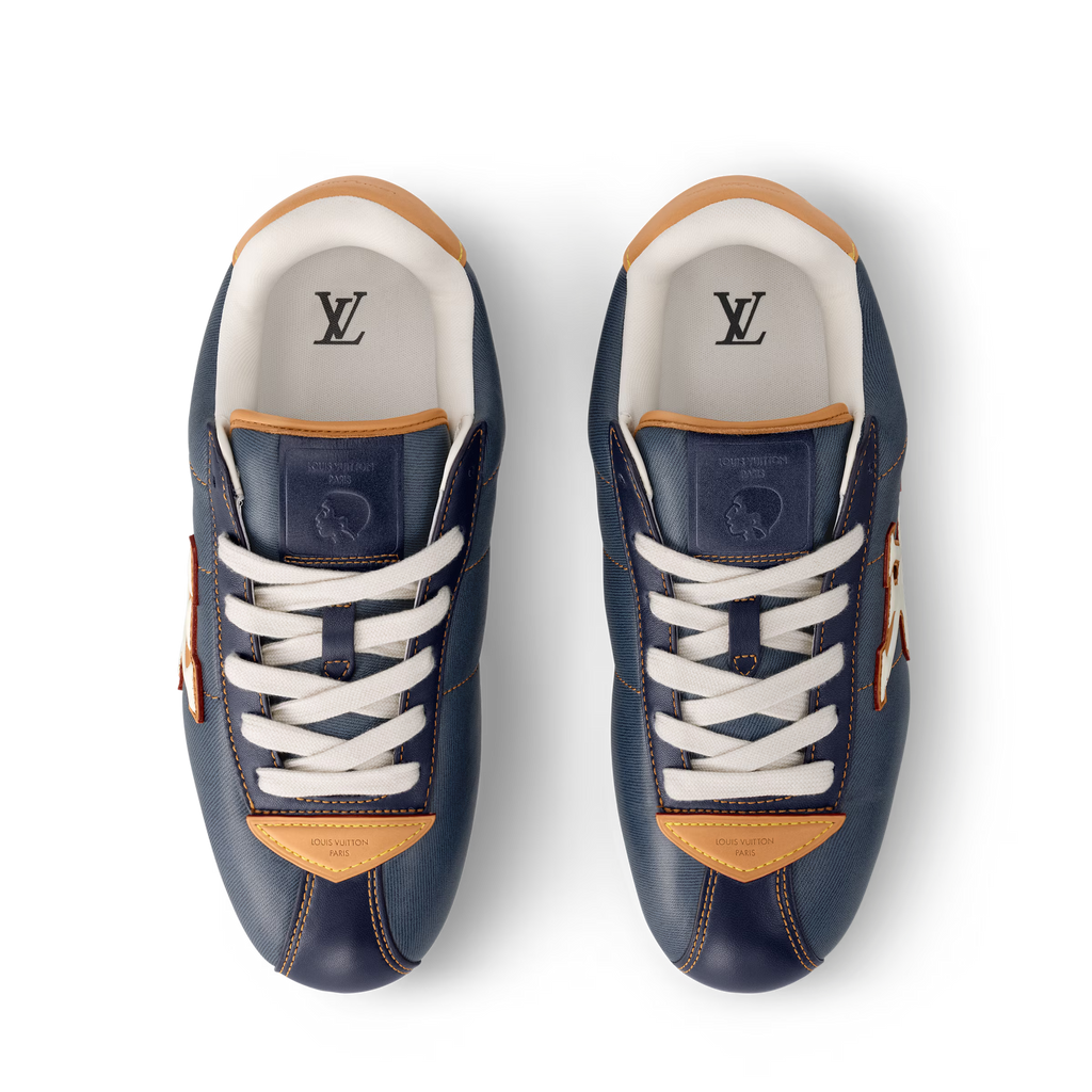 LV Buttersoft sneaker, white tongue lining with LV logo, navy upper and tan trim
