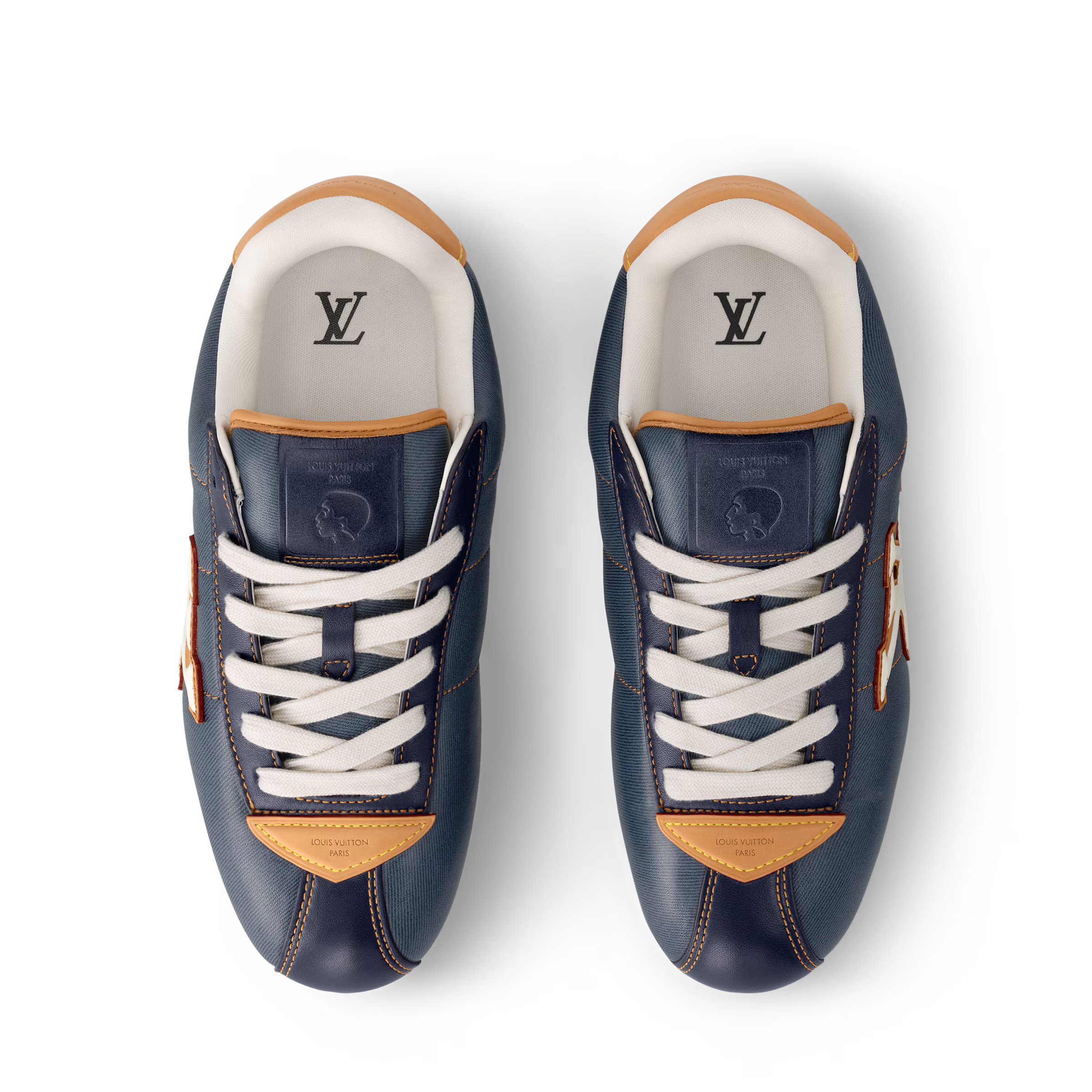 LV Buttersoft sneaker, white tongue lining with LV logo, navy upper and tan trim