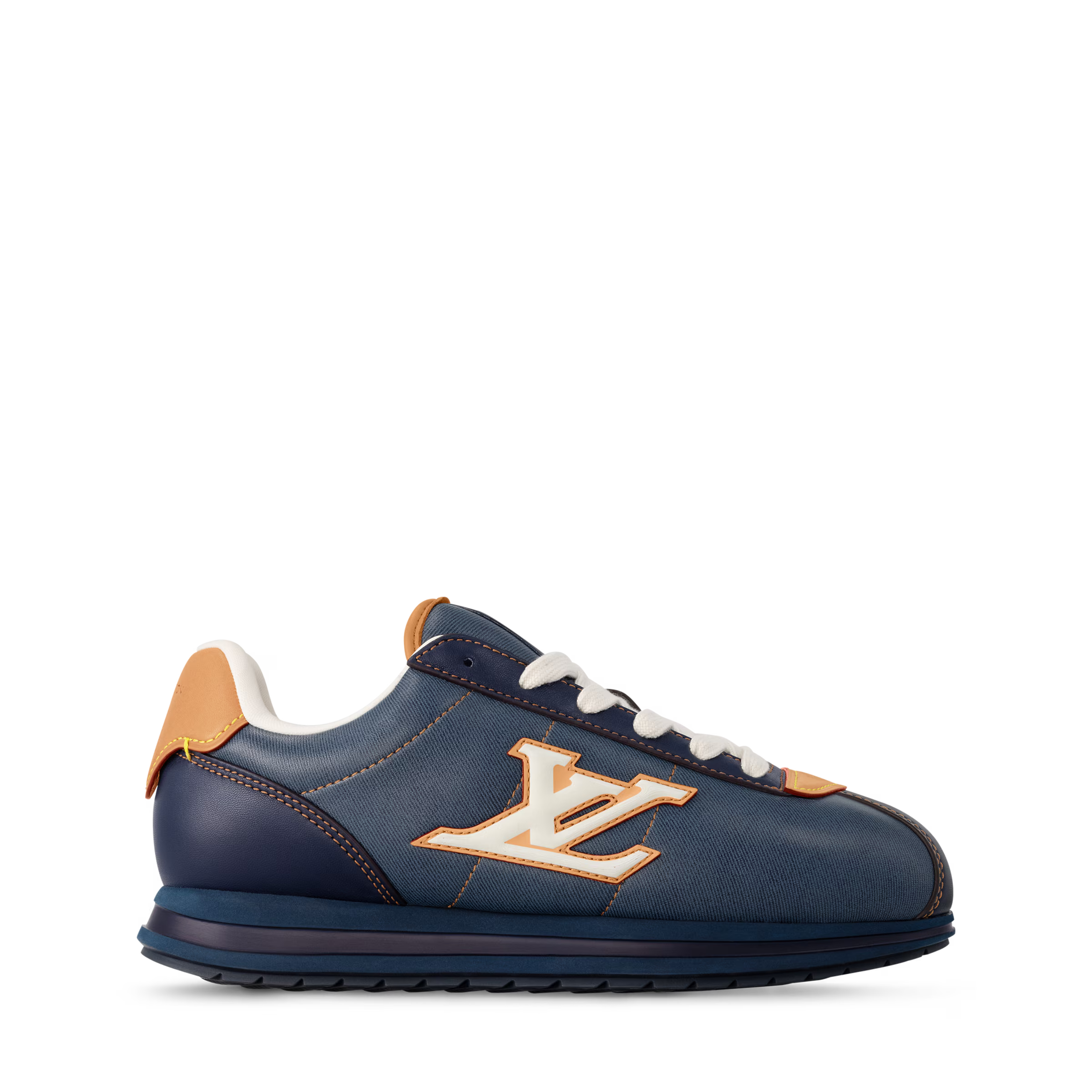 LV Buttersoft sneaker side profile, white laces, tan accents, large LV emblem