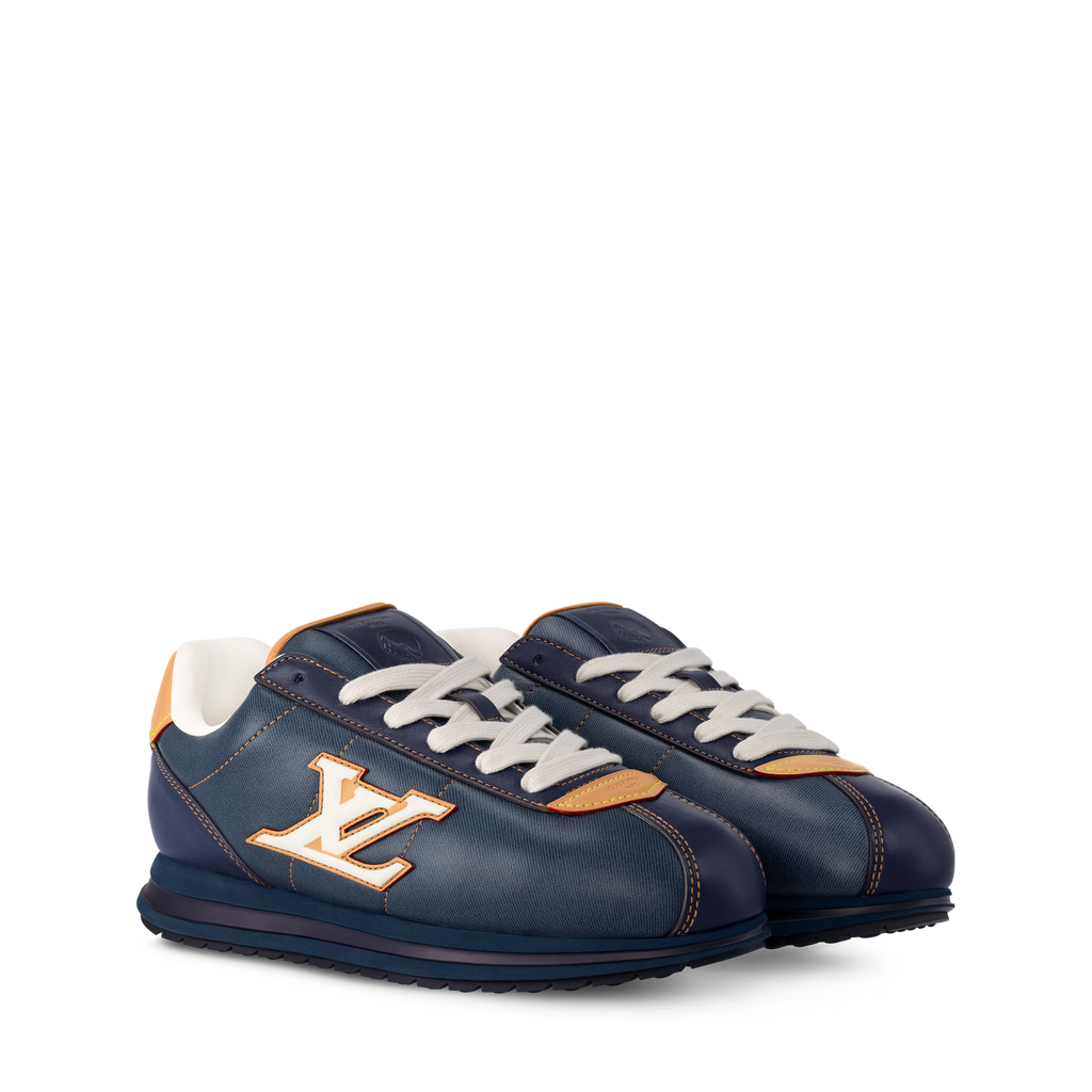 LV Buttersoft sneaker in dark blue with white laces and tan LV side logo