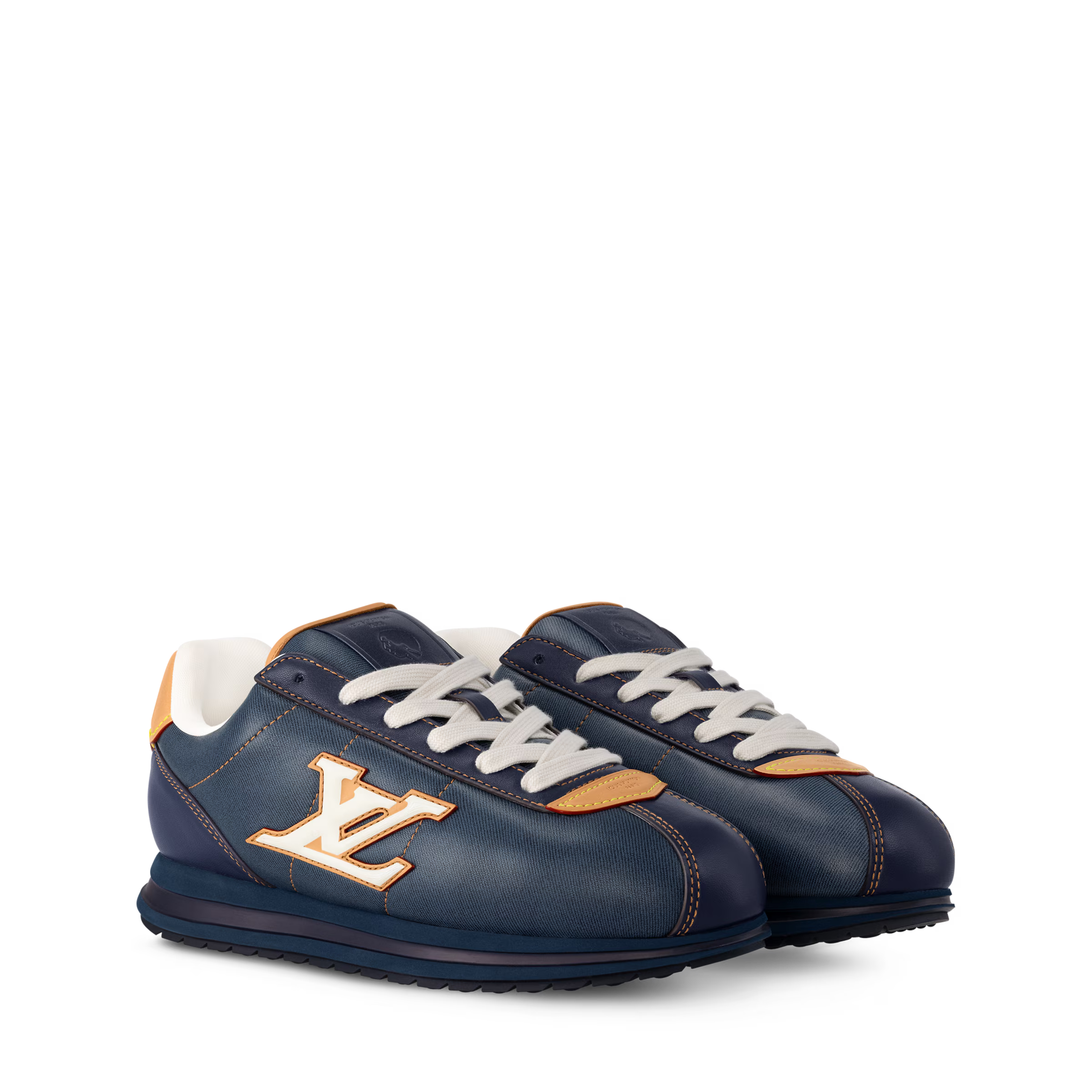 LV Buttersoft sneaker in dark blue with white laces and tan LV side logo
