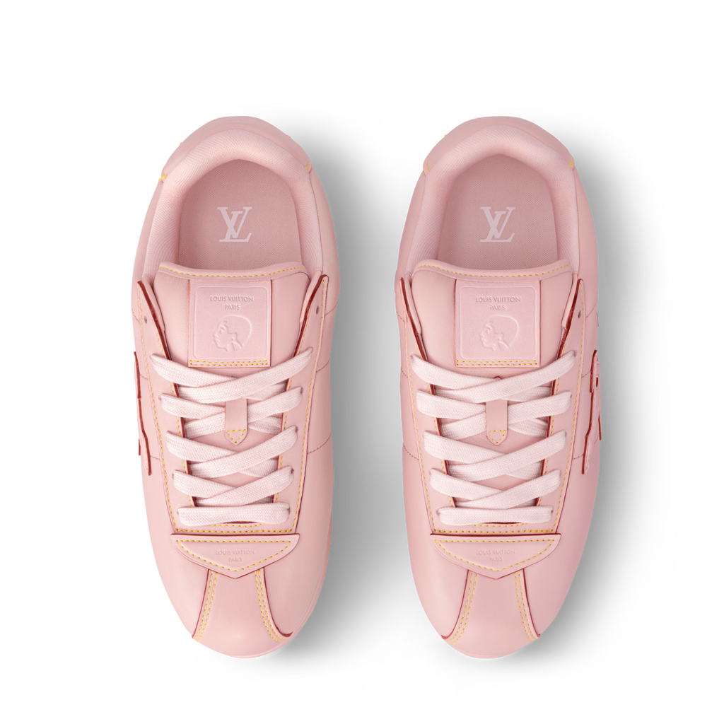 Pink lace-up sneakers with lace-up panel and LV emblem on heel