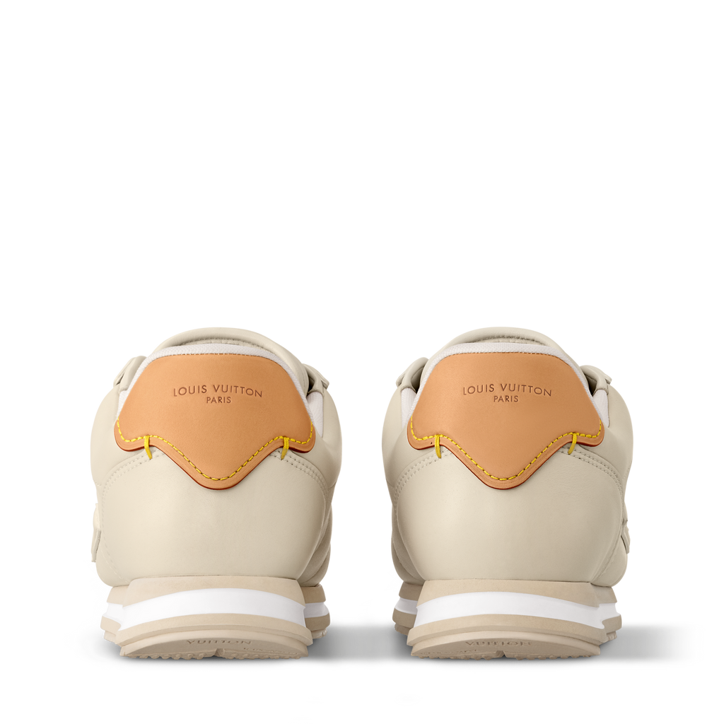 LV BUTTERSOFT sneaker, beige back view with orange heel panel and logo on tongue