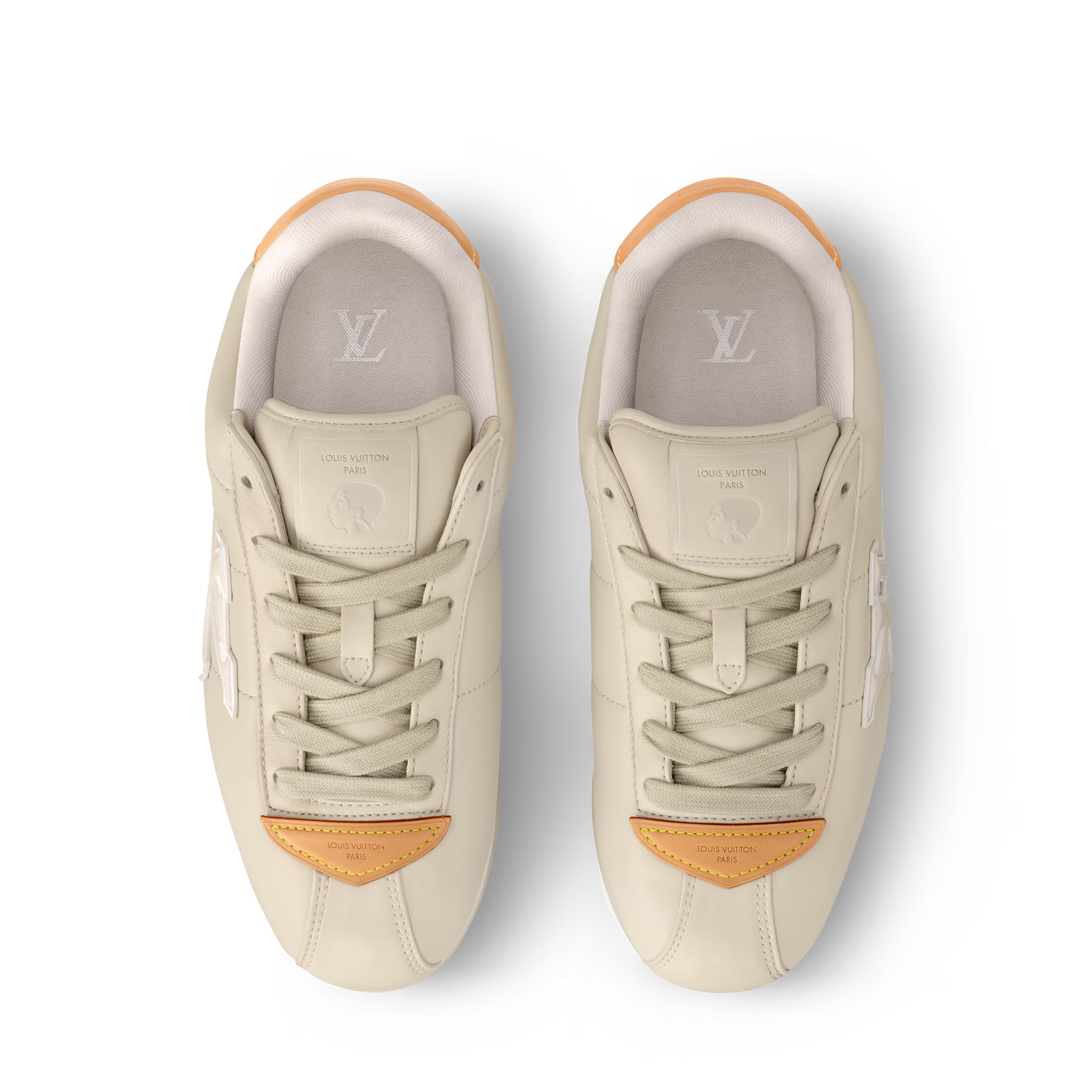 LV BUTTERSOFT sneaker, beige front view with LV insole and orange heel tab detail