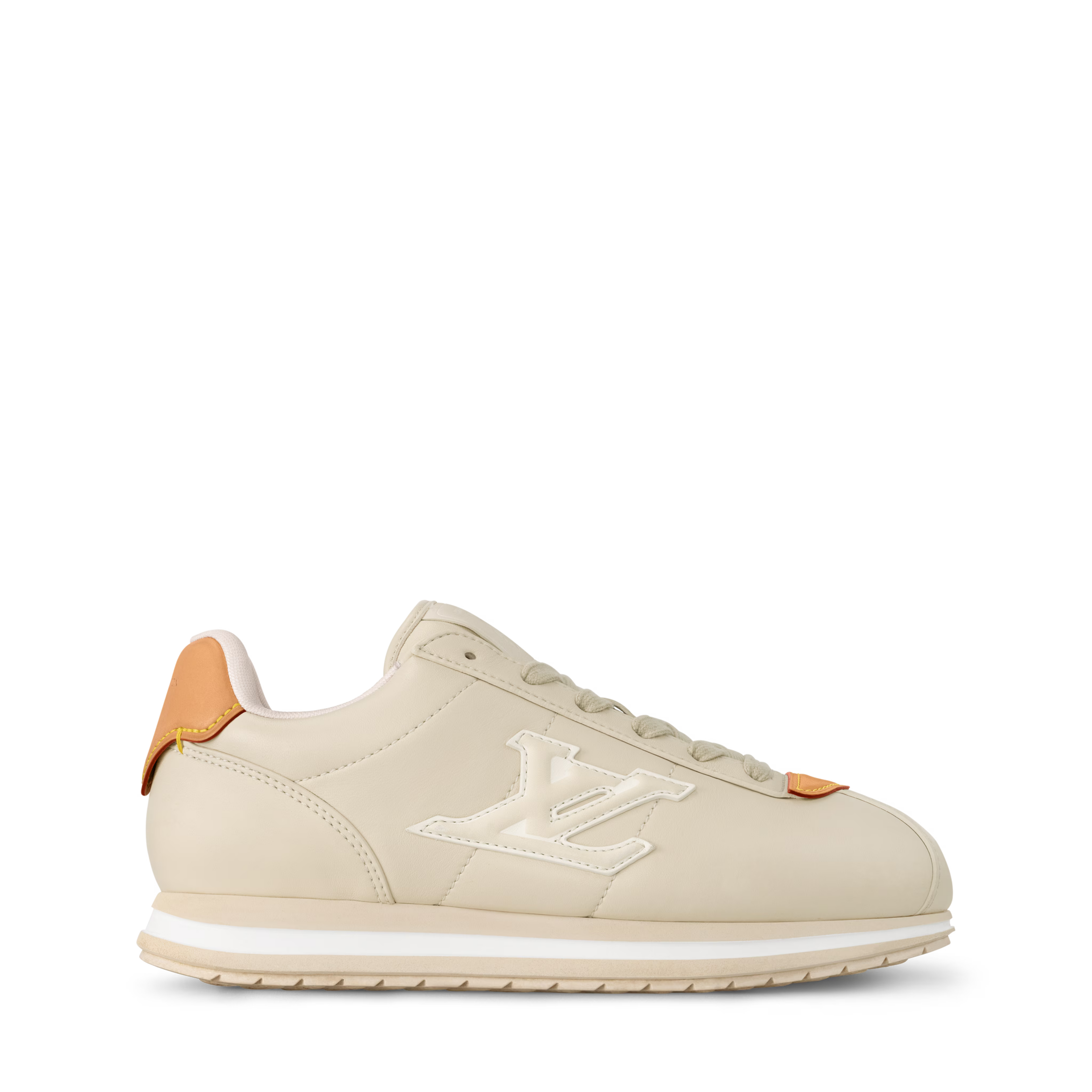 LV BUTTERSOFT sneaker side profile, beige upper with LV logo patch and orange accents