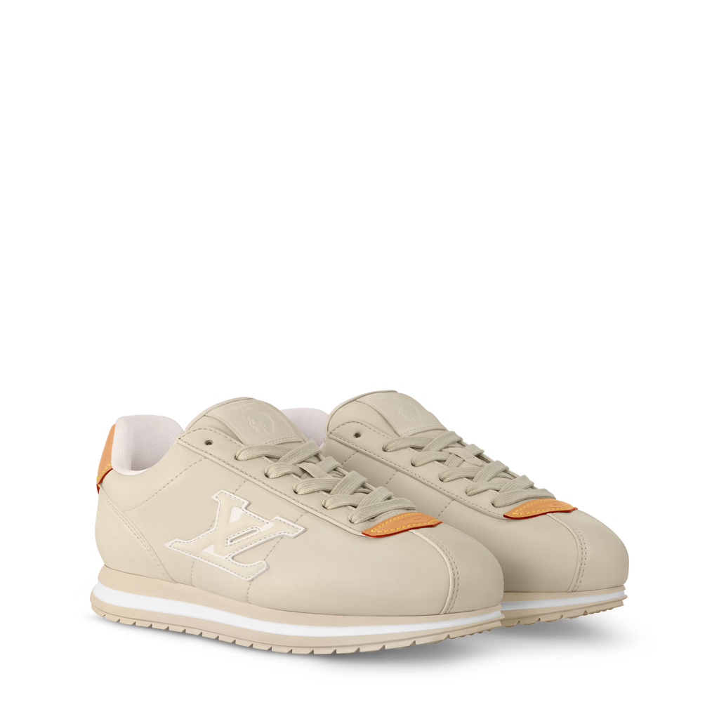 LV BUTTERSOFT sneaker, beige leather with orange trim and LV emblem, lace-up