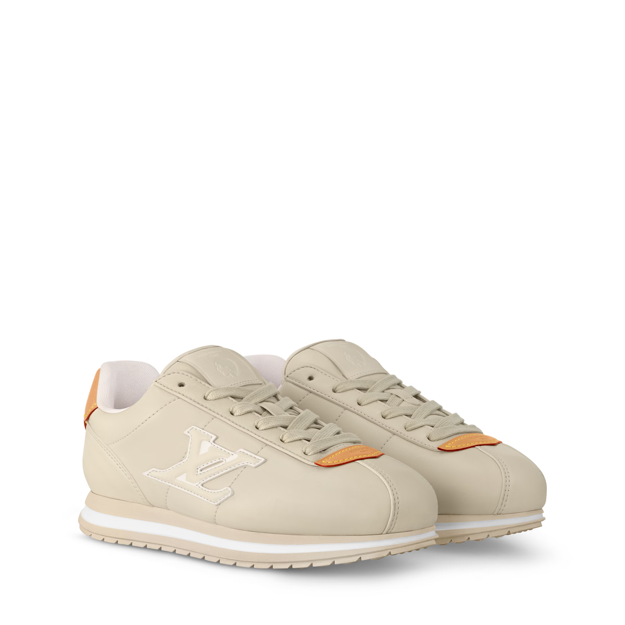 LV BUTTERSOFT sneaker, beige leather with orange trim and LV emblem, lace-up