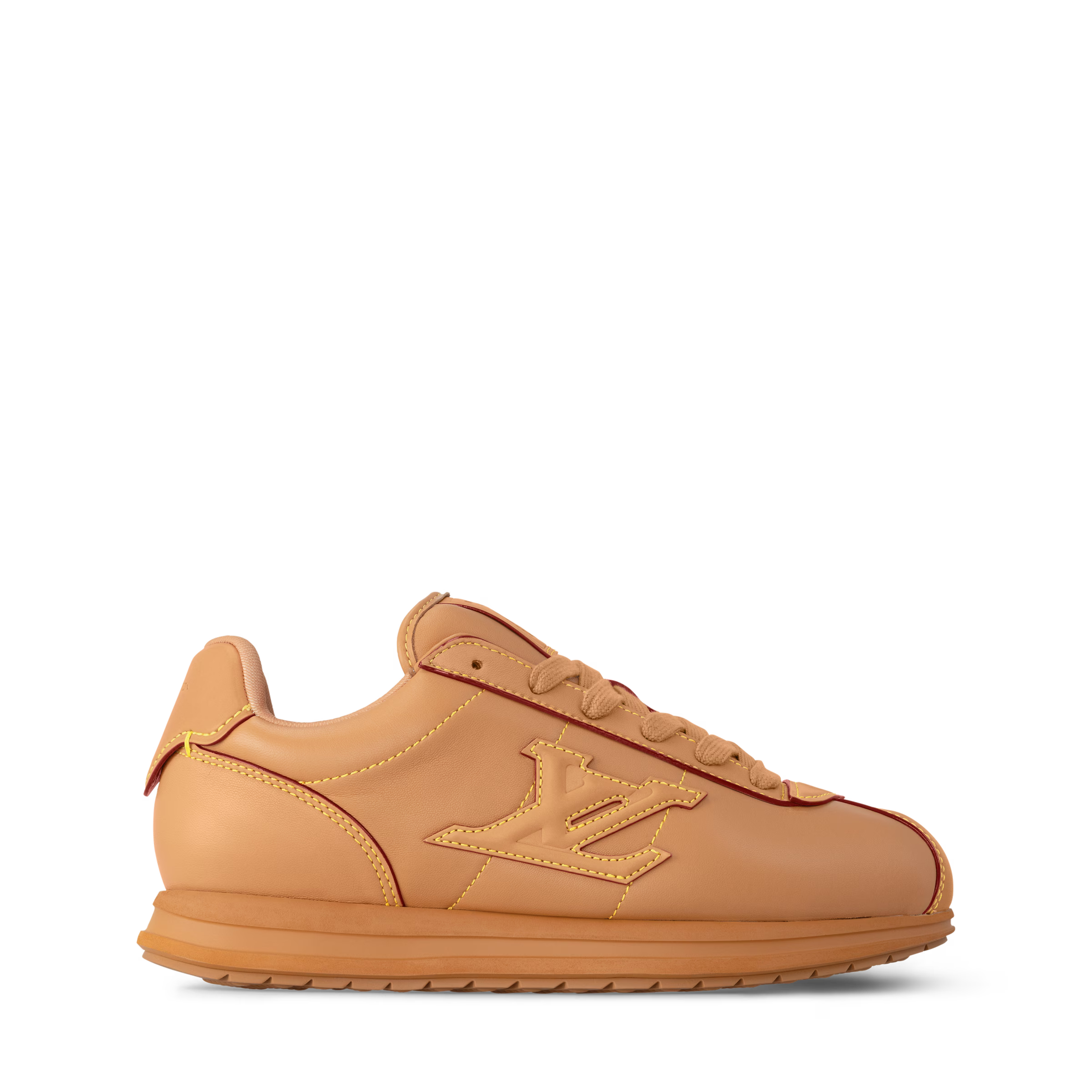 Tan lace-up sneaker with large LV logo on side and padded tongue