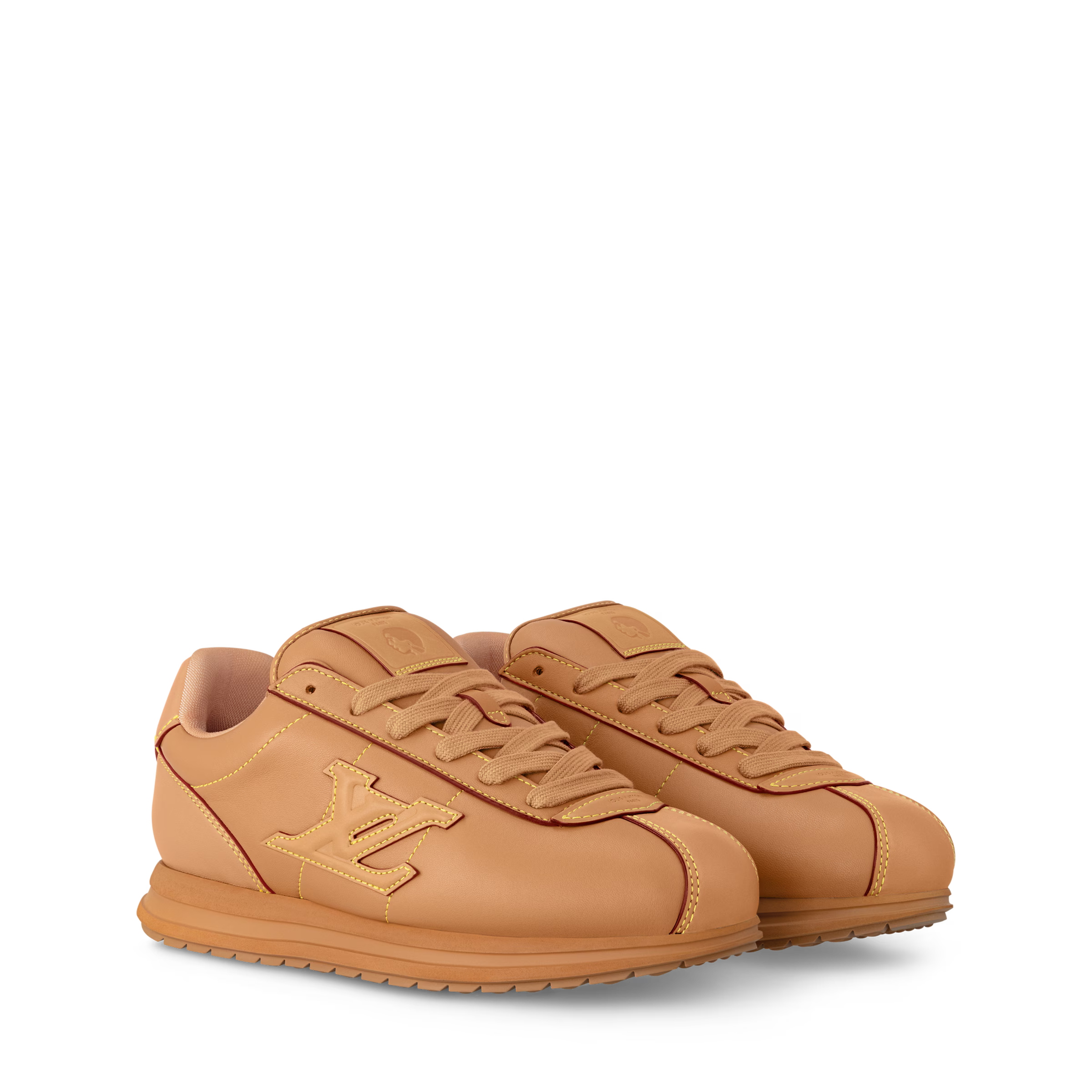 Tan leather LV Buttersoft sneakers with gold logo and lace-up design