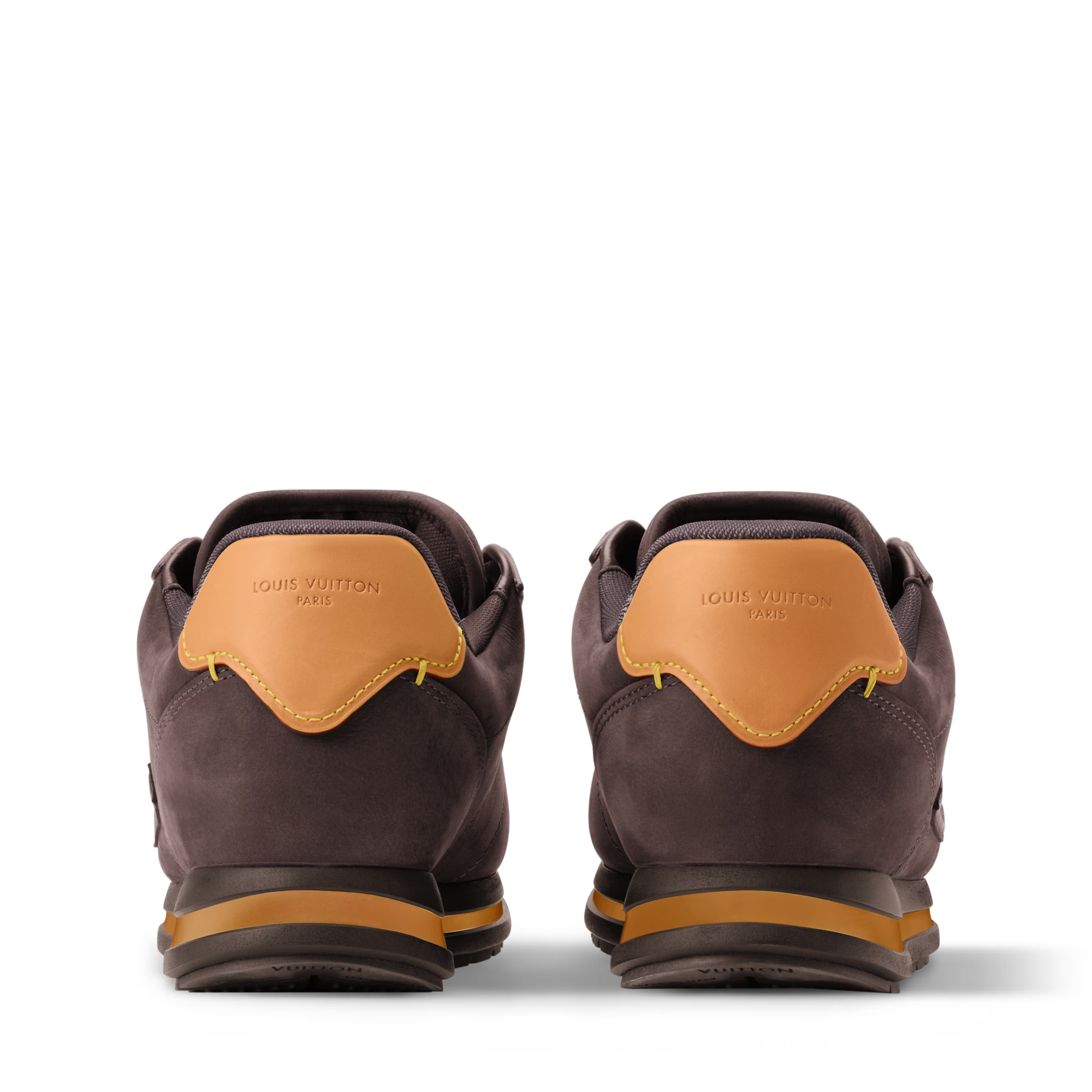 Back view of dark brown LV BUTTERSOFT sneaker with tan heel tab and striped midsole.