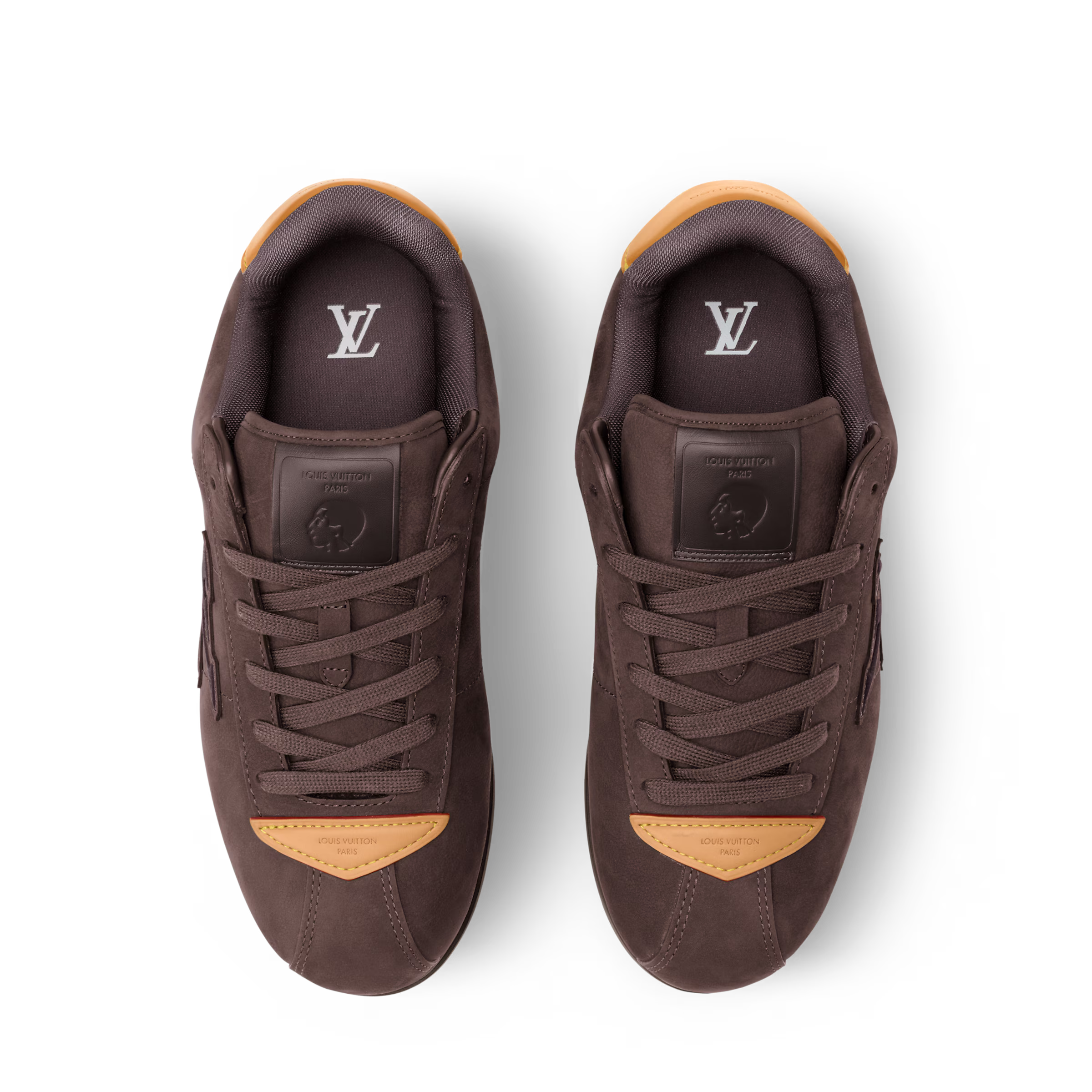 Pair of dark brown LV BUTTERSOFT sneakers, lace-up front with LV on tongue lining.