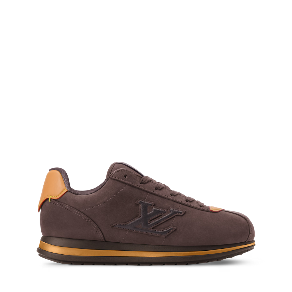 Dark brown LV BUTTERSOFT sneaker angled side view with LV logo and tan edge trim.