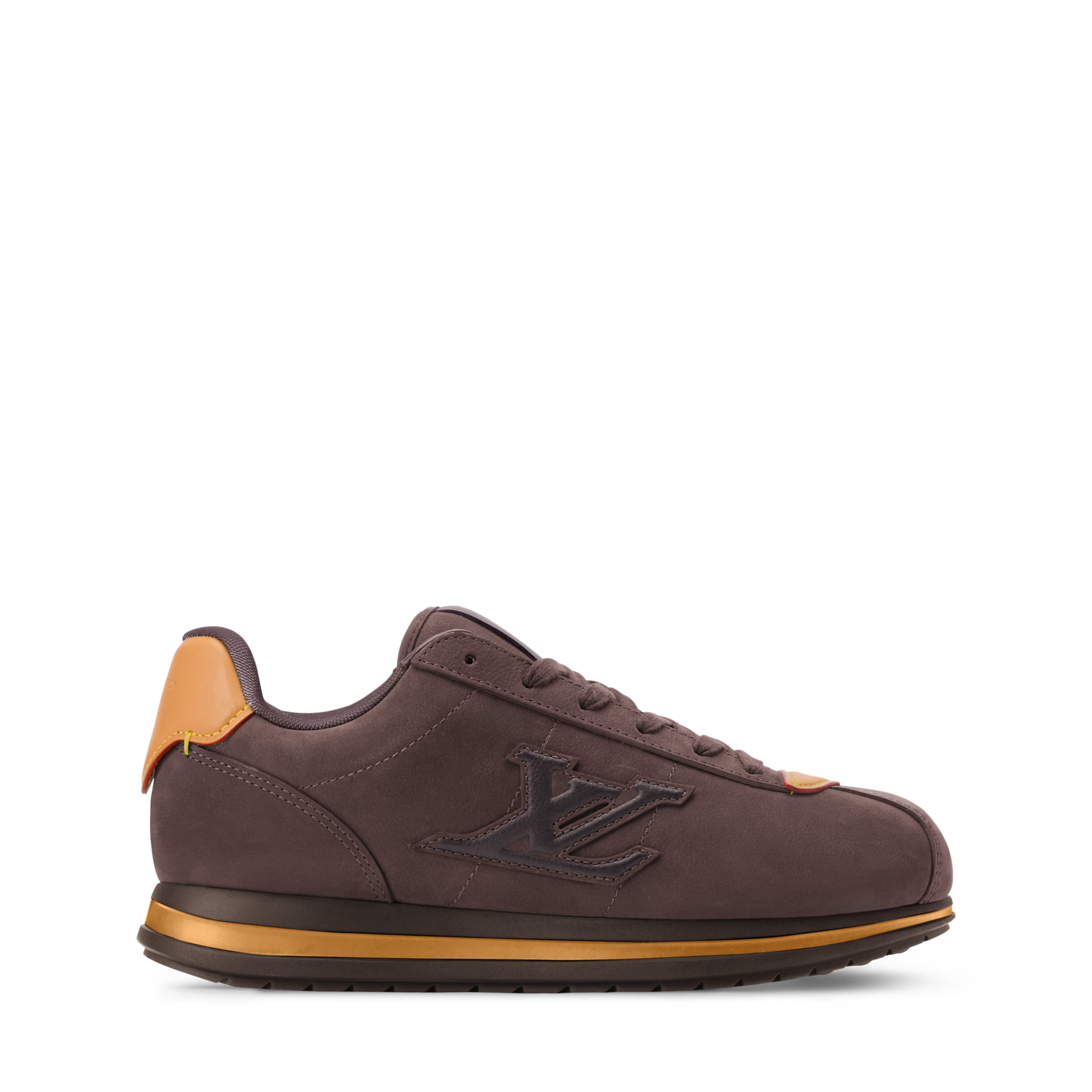 Dark brown LV BUTTERSOFT sneaker angled side view with LV logo and tan edge trim.