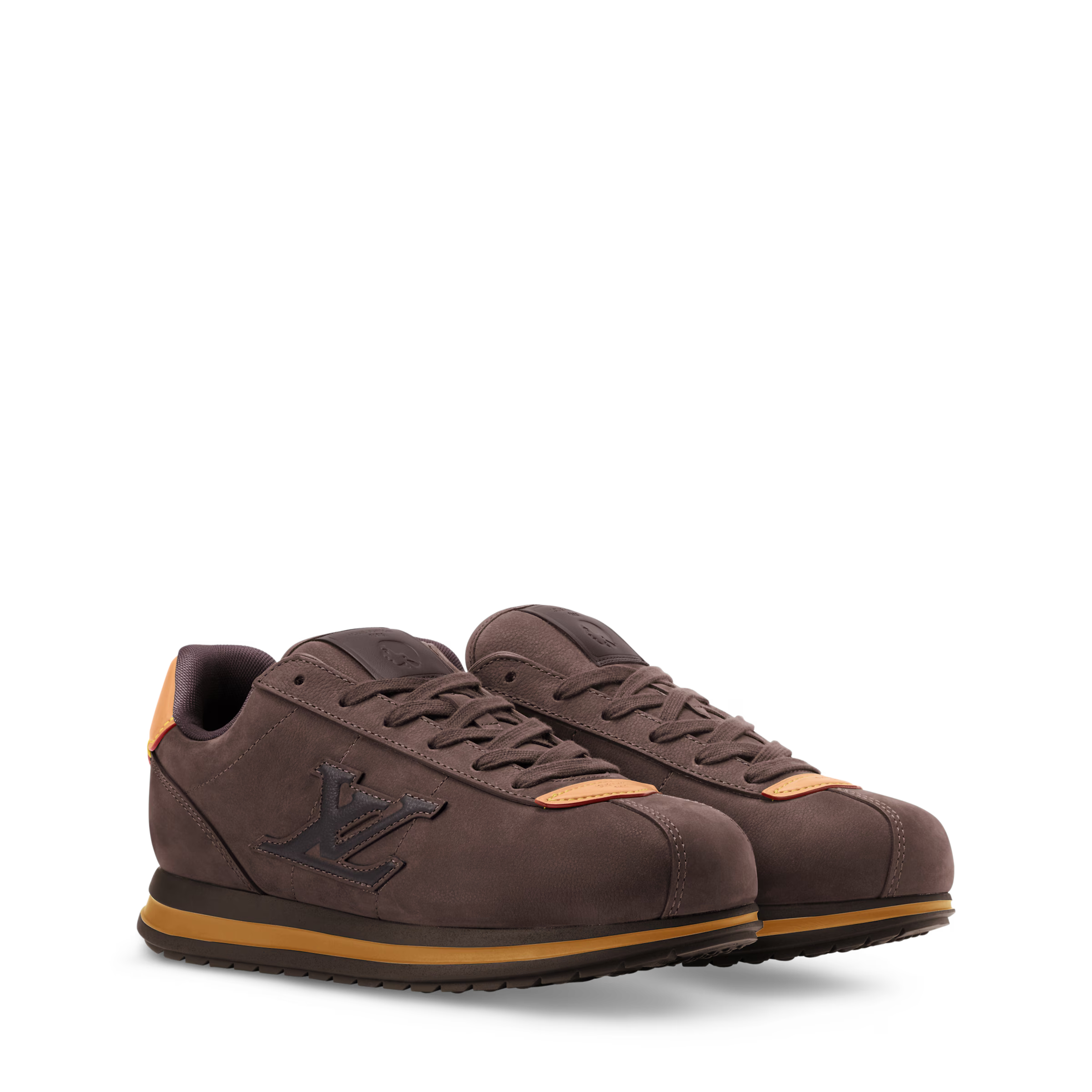 Dark brown LV BUTTERSOFT sneaker with side LV logo, tan trim, low-profile sole.
