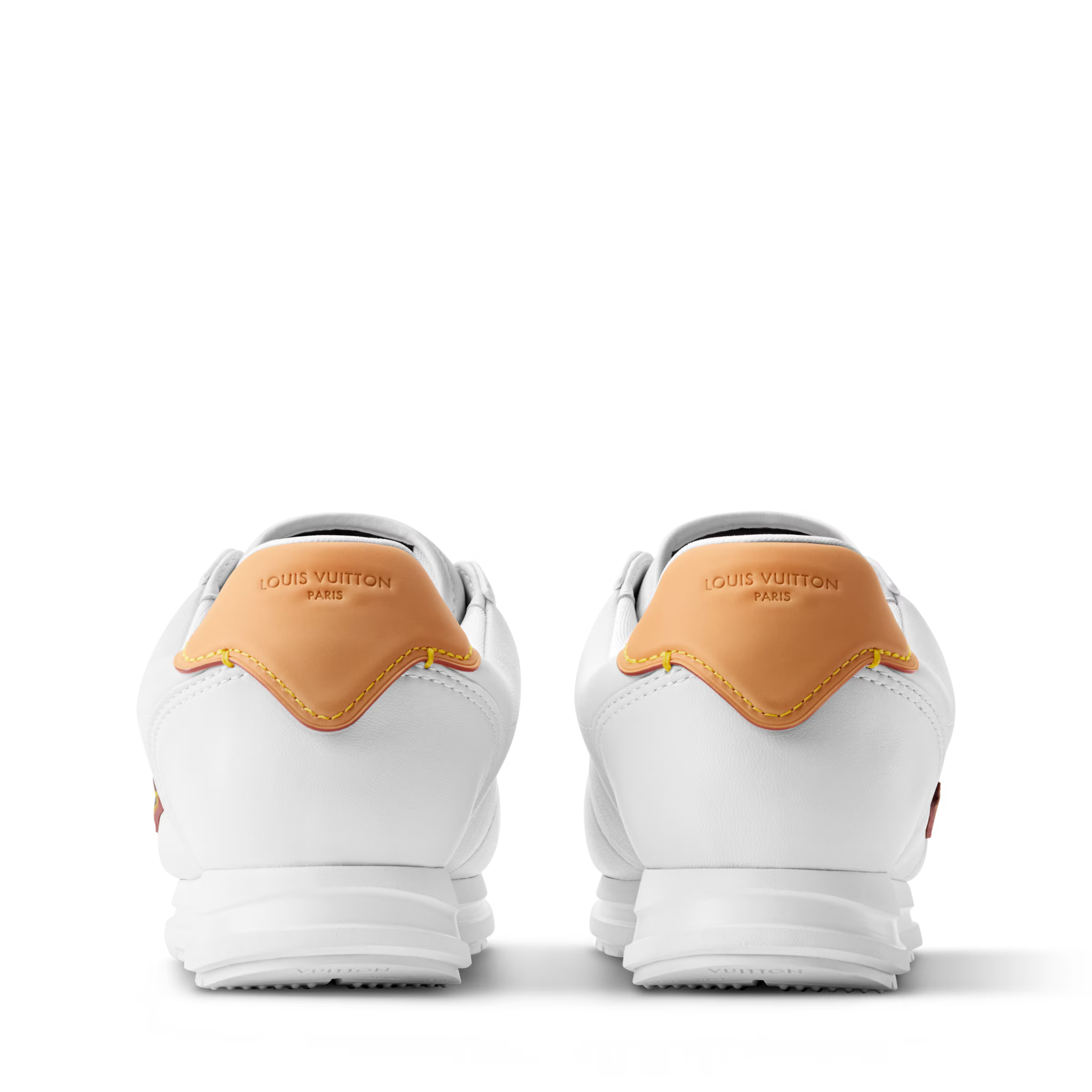 White LV Buttersoft sneakers, rear view with orange heel trim and Louis Vuitton branding