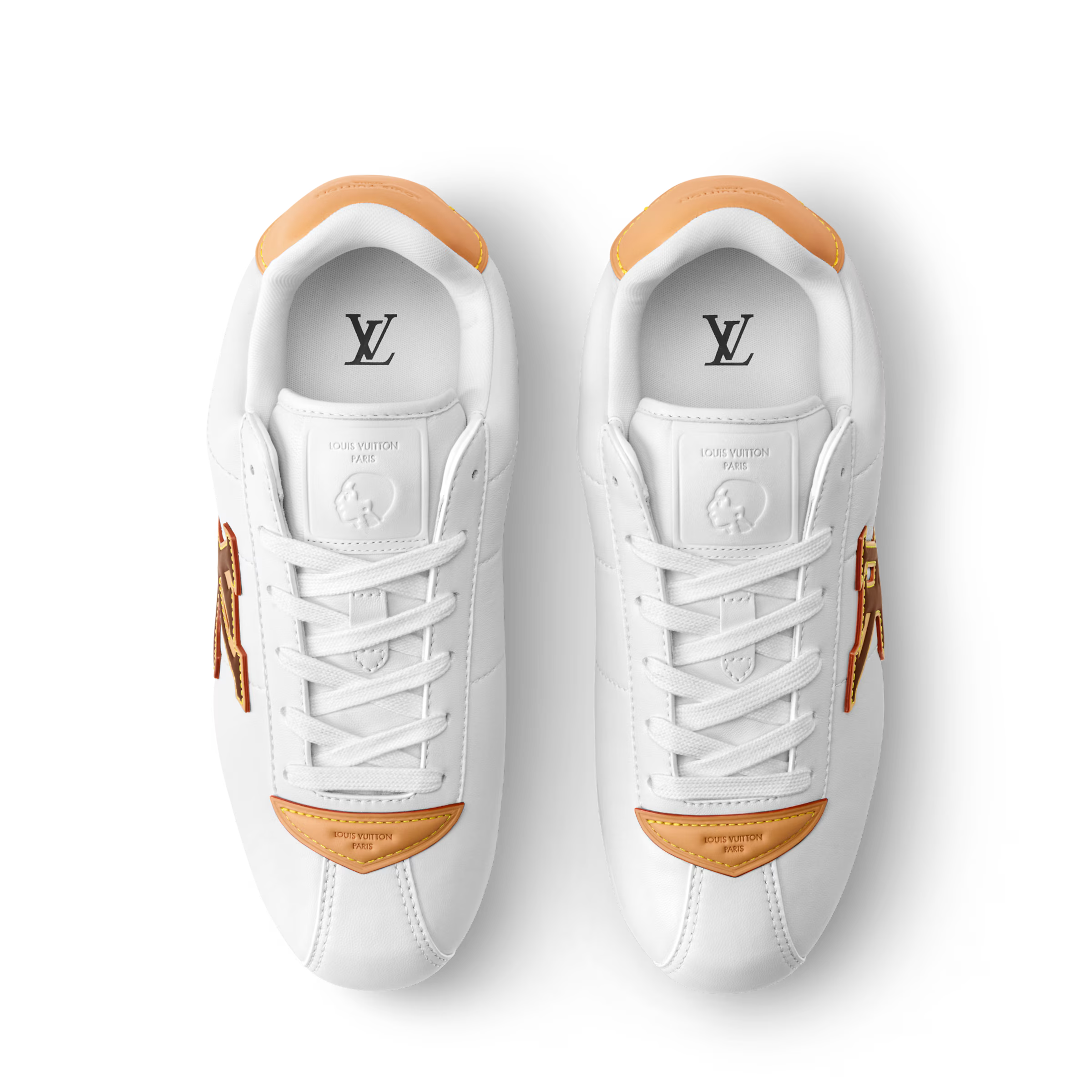 White LV Buttersoft sneakers with orange heel trim and Louis Vuitton logo on insoles