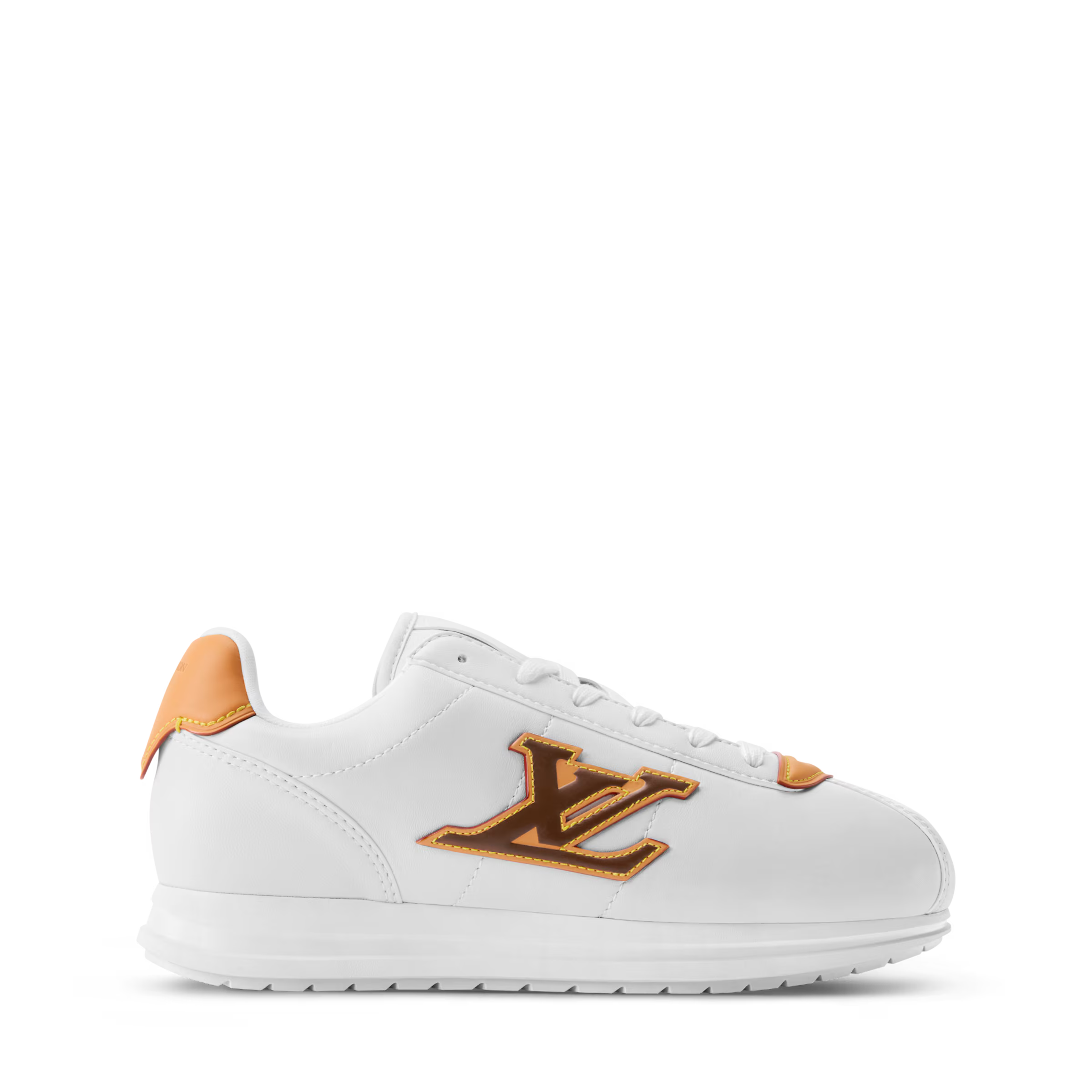 White LV Buttersoft sneaker with large orange-gold LV logo and orange lace accents