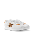 White LV Buttersoft sneakers with orange-gold LV logo patch and white laces