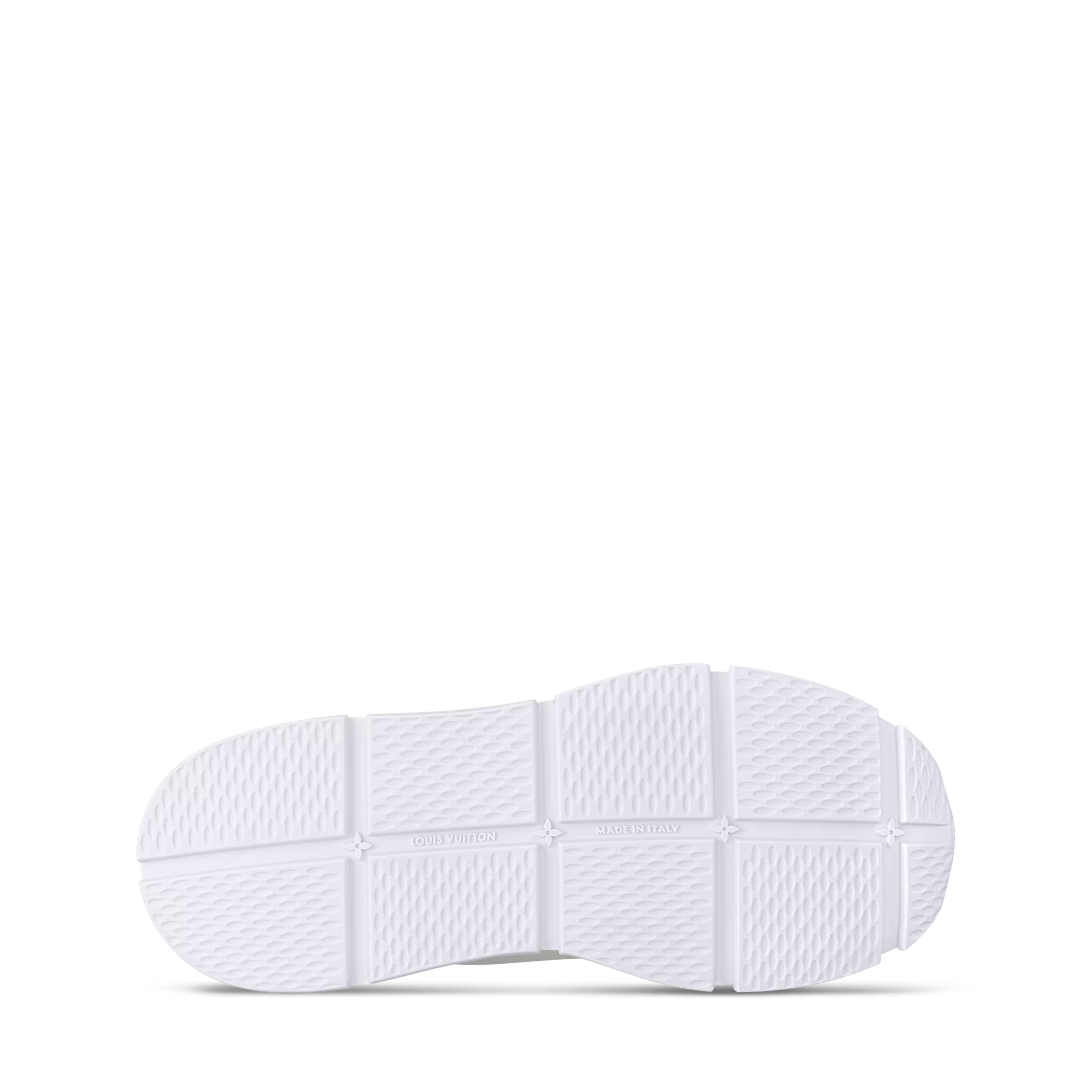 White sneaker outsole with molded tread pattern and raised sidewall details