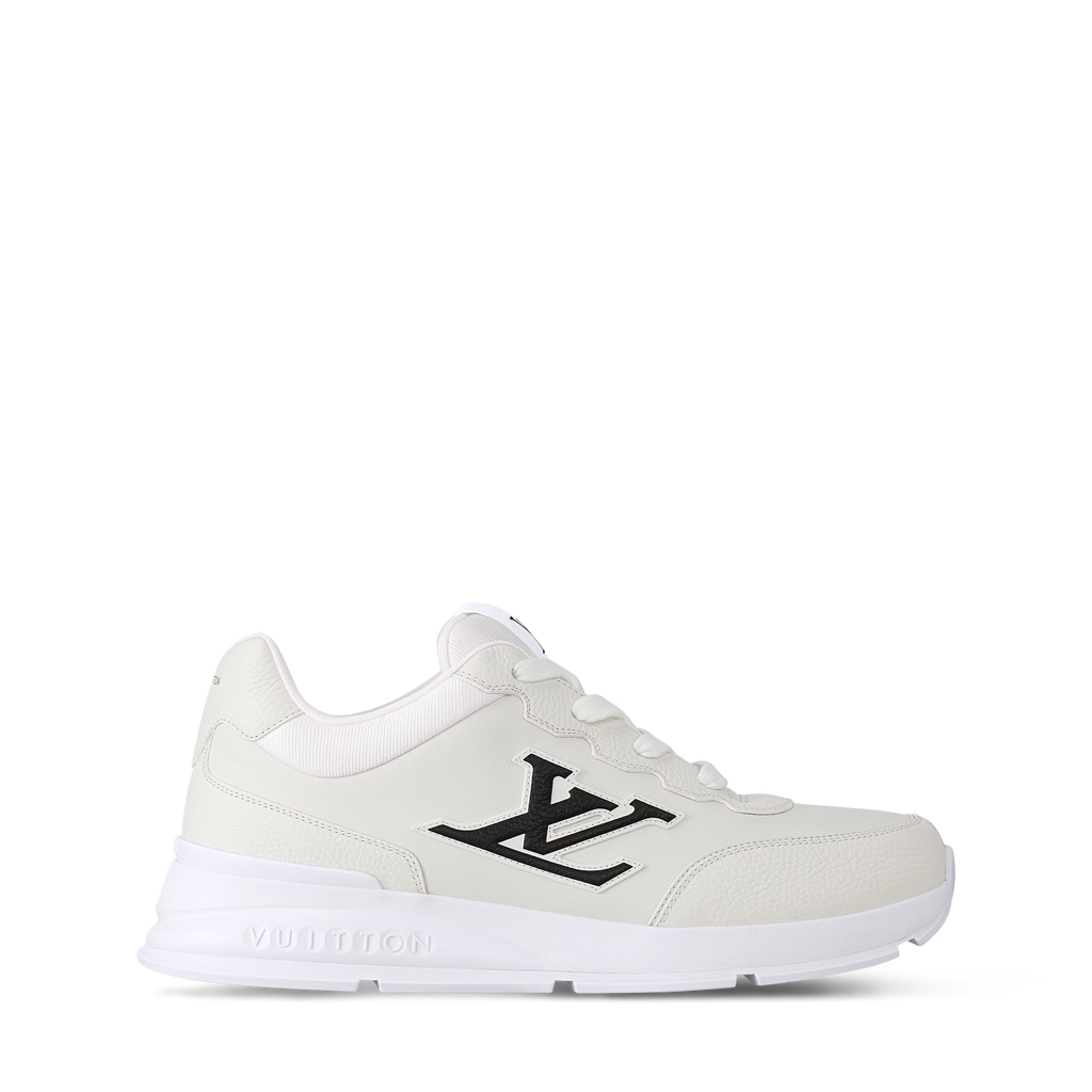 White low-top lace-up trainers with LV emblem on side and textured front panel