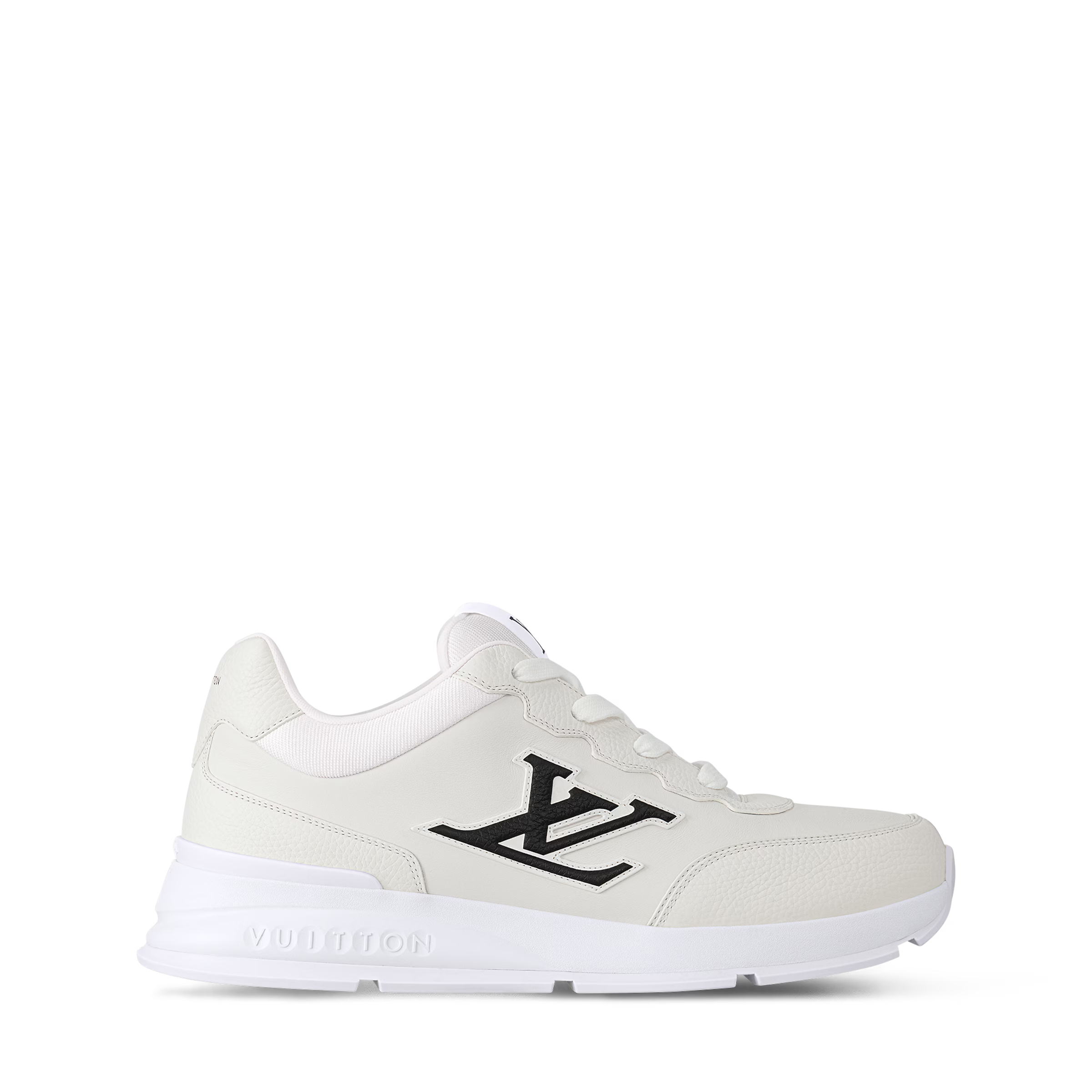 White low-top lace-up trainers with LV emblem on side and textured front panel