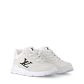 White low-top trainers with lace-up front, LV logo on side, and white rubber sole