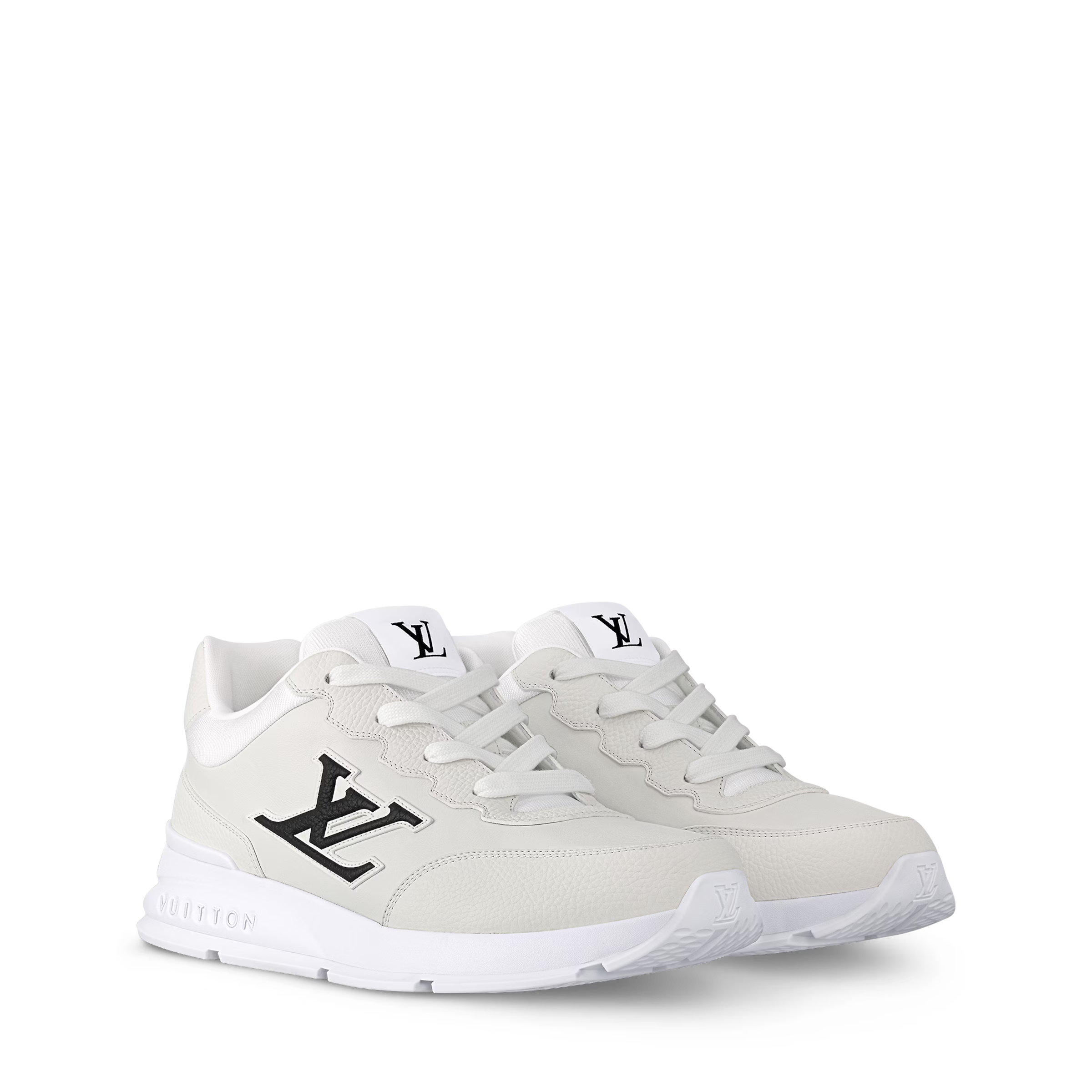 White low-top trainers with lace-up front, LV logo on side, and white rubber sole