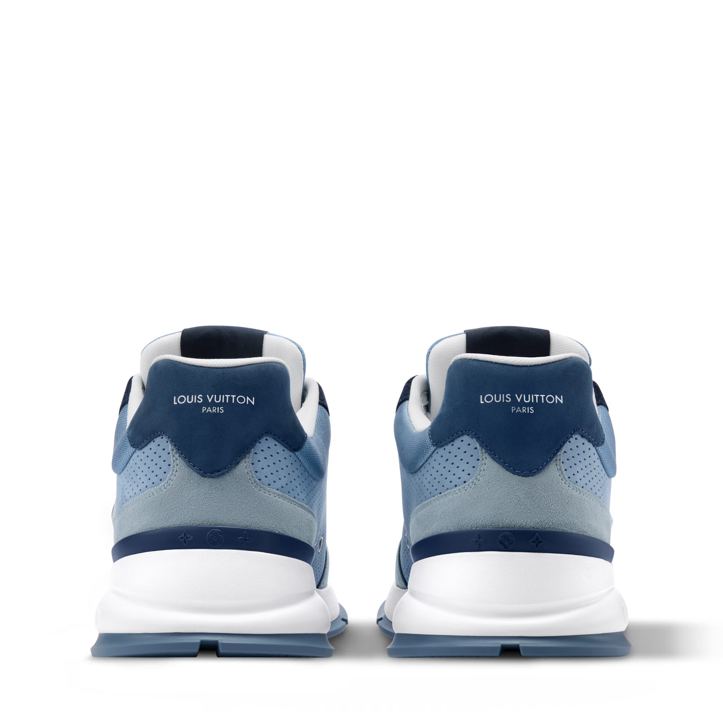 Blue low-top sneakers with rear heel branding and white midsole