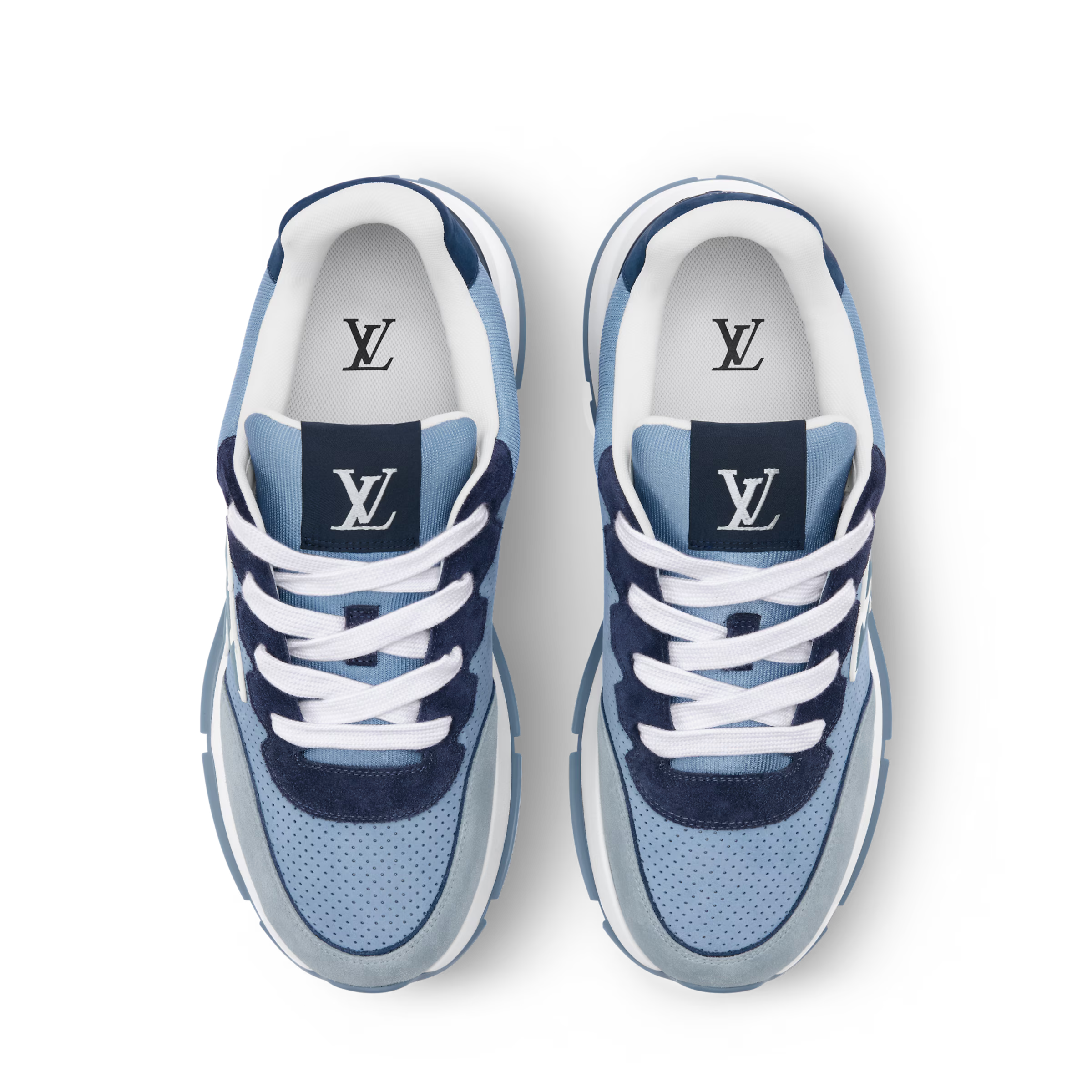 Pair of light blue sneakers with white laces, navy panels, and LV logos